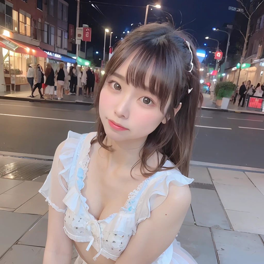 top-quality、超A high resolution、(photoRealstic:1.4)、独奏　red blush、Light smile、Looking at the camera、Transparent short-sleeved shirt　no-bra　revealing cleavage　very large breast（nffsw）Protruding chest patch　In the street　neons　Lit up　nigh sky　Navel Ejection　Above the knee gravure　Small miniskirt　独奏