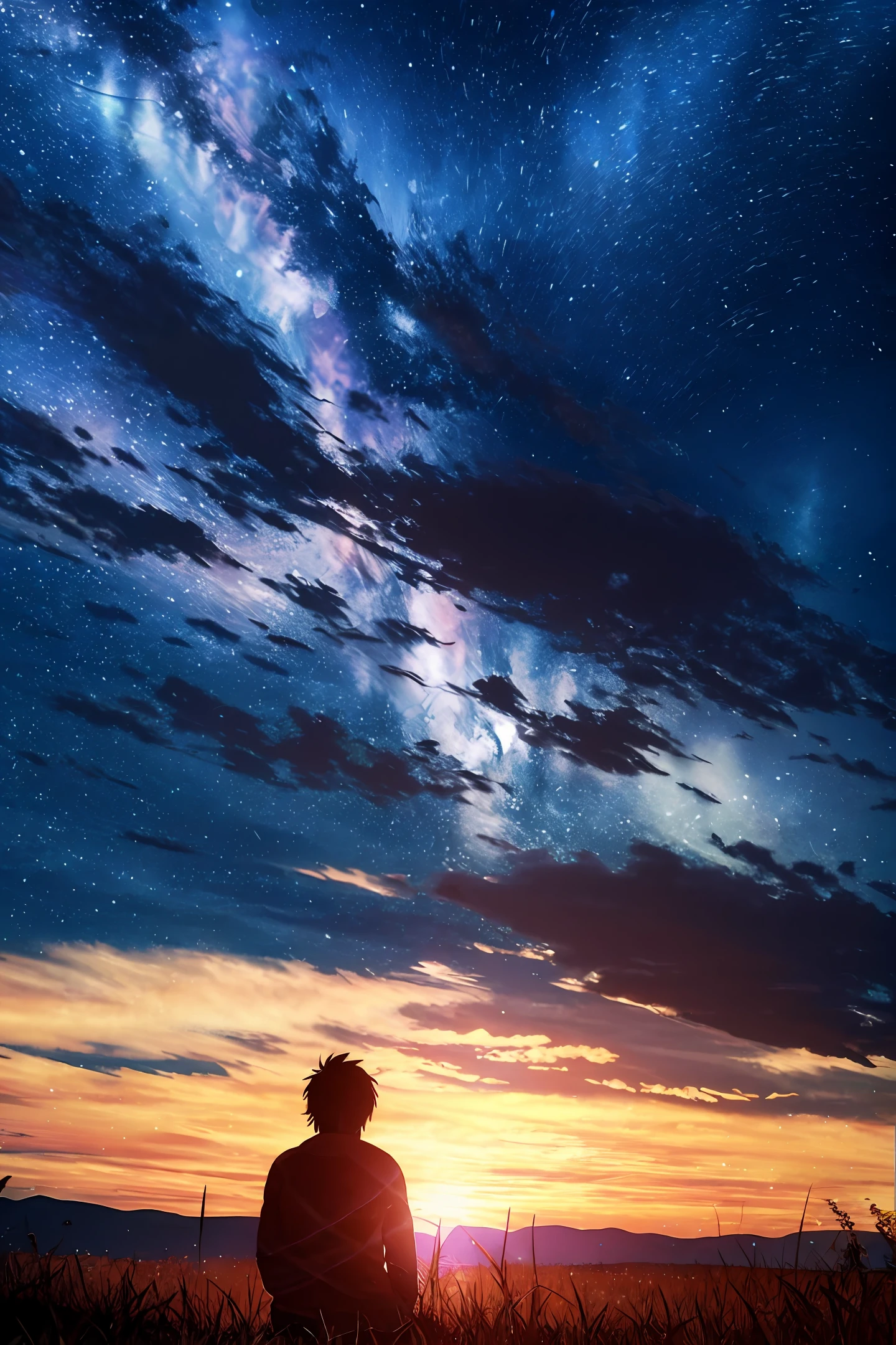 A nerdy man thinking about past lives, in a open field, with a starry sky like in kimi no nawa, night time