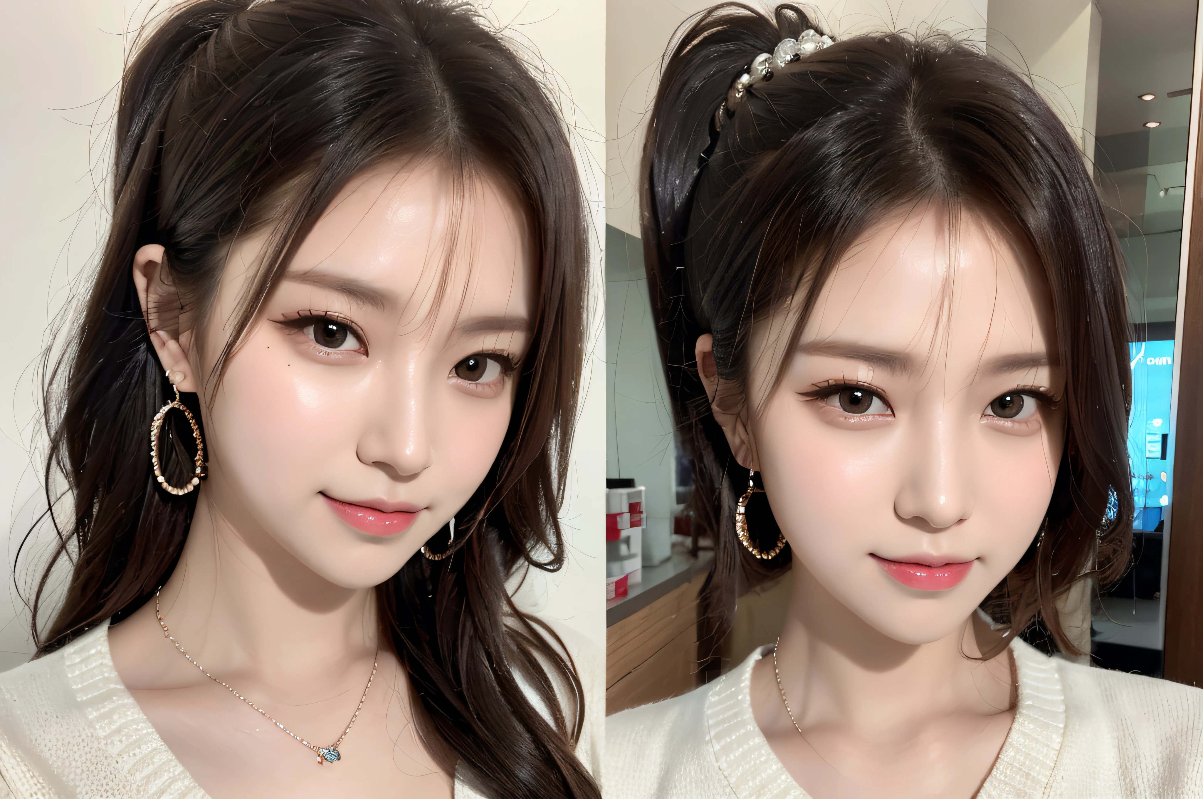(high-school sweater:1.4), (innocent and classy girl:1.3), (Double ponytail hairstyle,cabelos preto e longos), Very detailed face and skin texture, Detailed black eyes, 二重まぶた, Pale cheeks, Glossy glossy skin, Moist eyes:1.2, Shiny little neckless and earrings, Glossy lips:1.4, White skin of the:1.2, (from above distance: 1.2)), (sweetsmile:1.2), (looking at viewert), (tiny mouth:1.2),(Shopping at the mall:1.2),sunglasses on head,