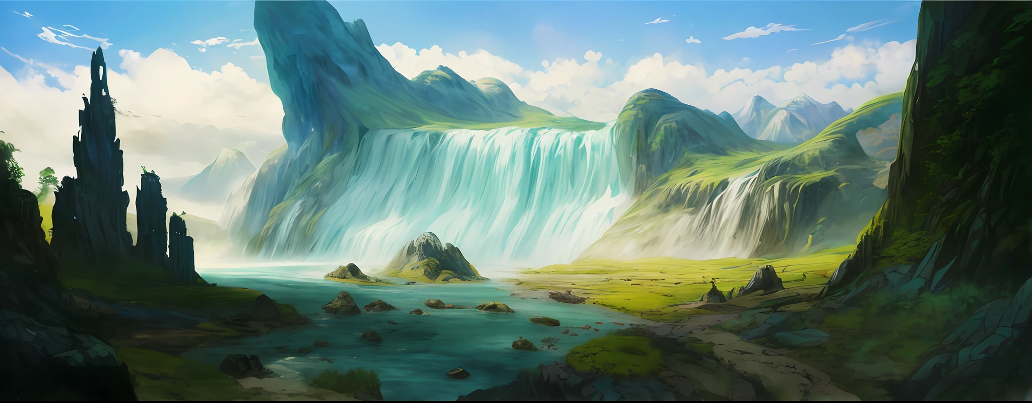 There is a painting of a mountain view with a waterfall, concept-art. epic landscapes, epic landscapes, arte de fundo, concept art for a video game, avatar landscape, concept world art, Anime landscape, dota! matte painting concept art, Stylized concept art, most epic landscape, Anime landscape concept art, final fantasy vll world concept, gigantic landscape!relic,Abandoned,