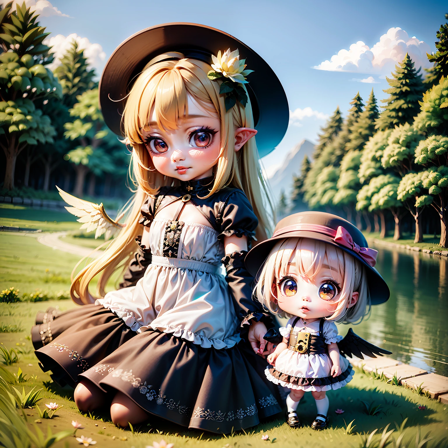 Summer lotus by the lotus pond，A girl in a colorful hat and dress，There are pairs of wings on the back，chibi girl，Loli in dresses，Lori，Kawaii chibi，Inspired by Lyckey，Chibi Art，inspired by Tawaraya Sōtatsu，Inspired by Yundu Snow，inspired by Wang Lü