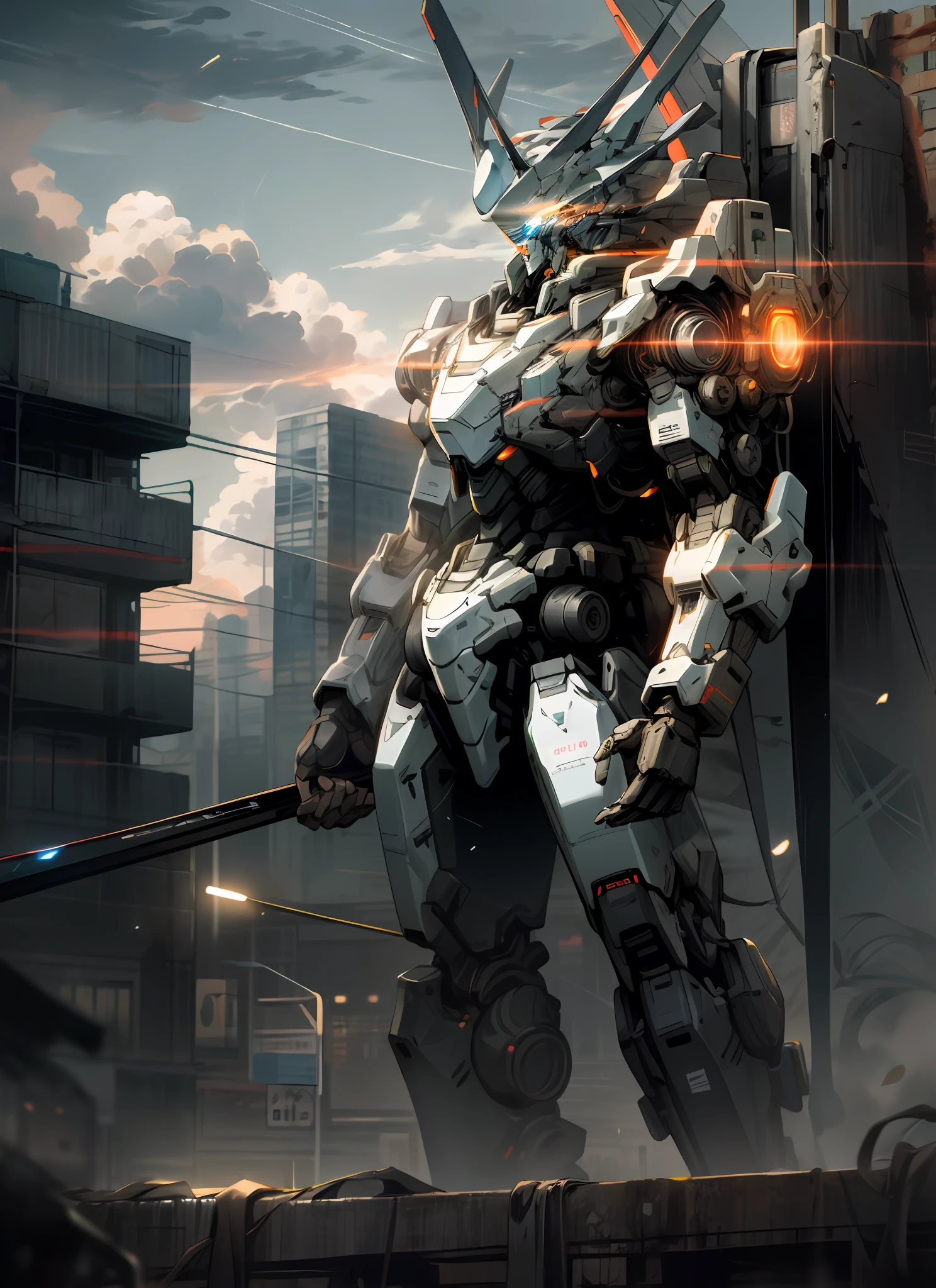 sky, cloud, holding_weapon, no_humans, glowing, , robot, building, glowing_eyes, mecha, science_fiction, city, realistic,mecha, Dark color, Neon, Night Time , Galaxy