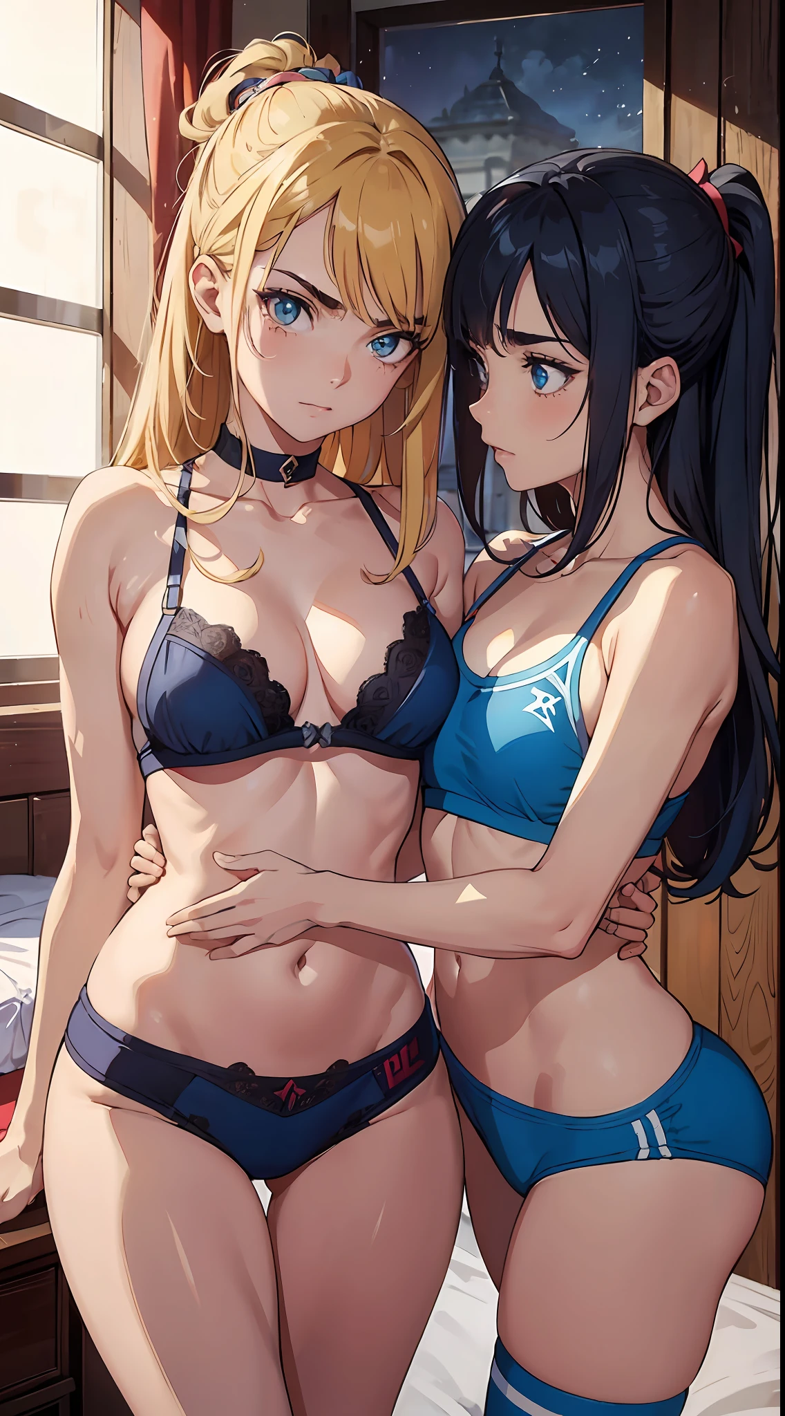 2 Mulheres deitadas na cama, erotic face, (melhor qualidade, 8k, obra-prima: 1.3)), foco nítido: 1.2, mulheres bonitas com figura perfeita: 1.4, abdominais finos: 1.2, (corte em camada, grande: 1.2)), (chuva, rua: 1.2), corpo molhado: 1.5, rosto altamente detalhado e textura da pele, olhos detalhados, (cabelo muito curto), (cabelo castanho claro), studio, BDSM, escravas, roupa de treino azul, corte baixo, tanga apertada, pernas abertas, yuri, lesbian, ecchi artwork, soft yuri, girlfriends, looks like Cara Delevingne and Anya Chalotra, ((tickling each other))
