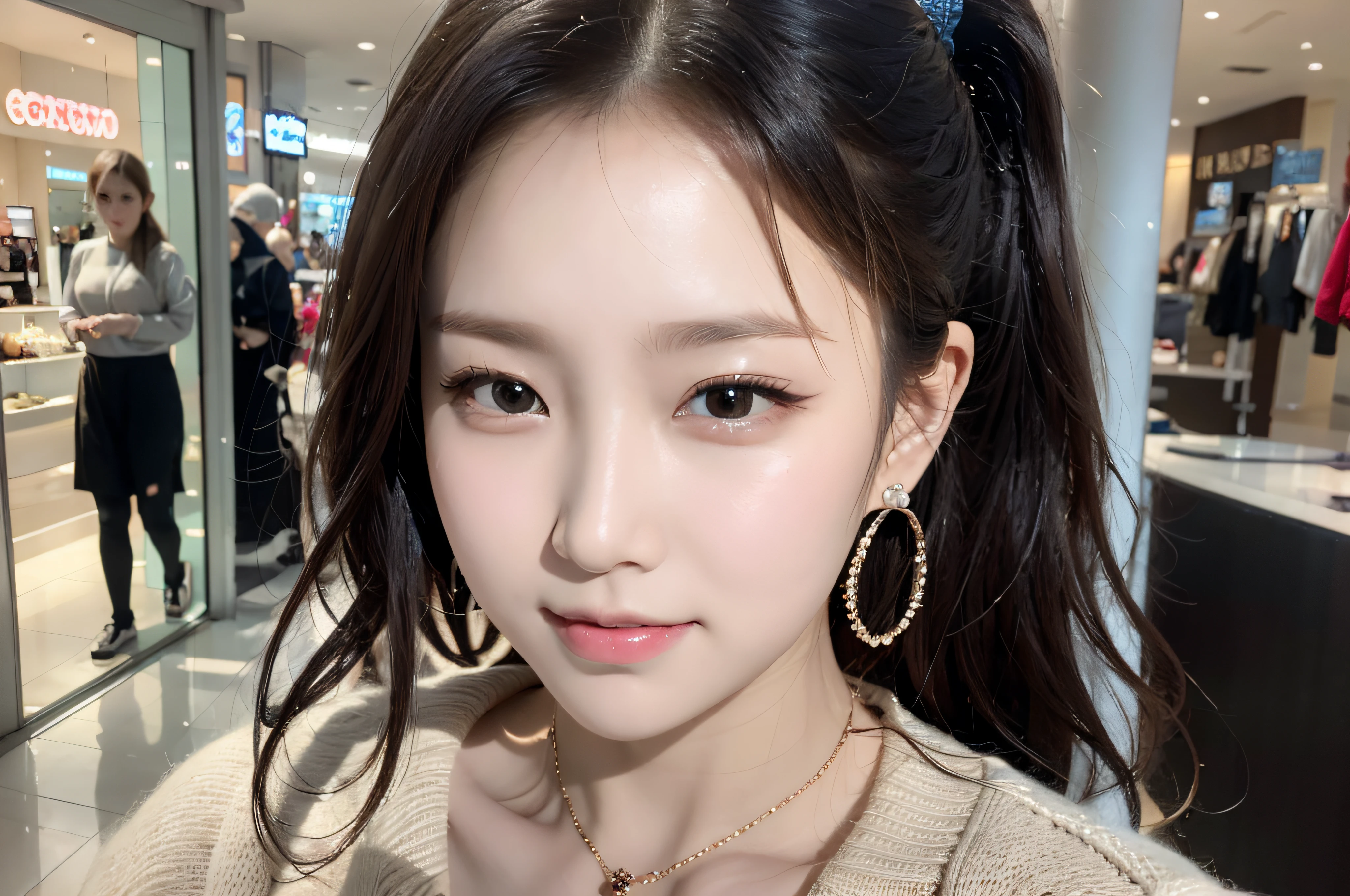 (high-school sweater:1.4), (innocent and classy girl:1.3), (Double ponytail hairstyle,cabelos preto e longos), Very detailed face and skin texture, Detailed black eyes, 二重まぶた, Pale cheeks, Glossy glossy skin, Moist eyes:1.2, Shiny little neckless and earrings, Glossy lips:1.4, White skin of the:1.2, (from above distance: 1.2)), (sweetsmile:1.2), (looking at viewert), (tiny mouth:1.2),(Shopping at the mall:1.2),sunglasses on head,