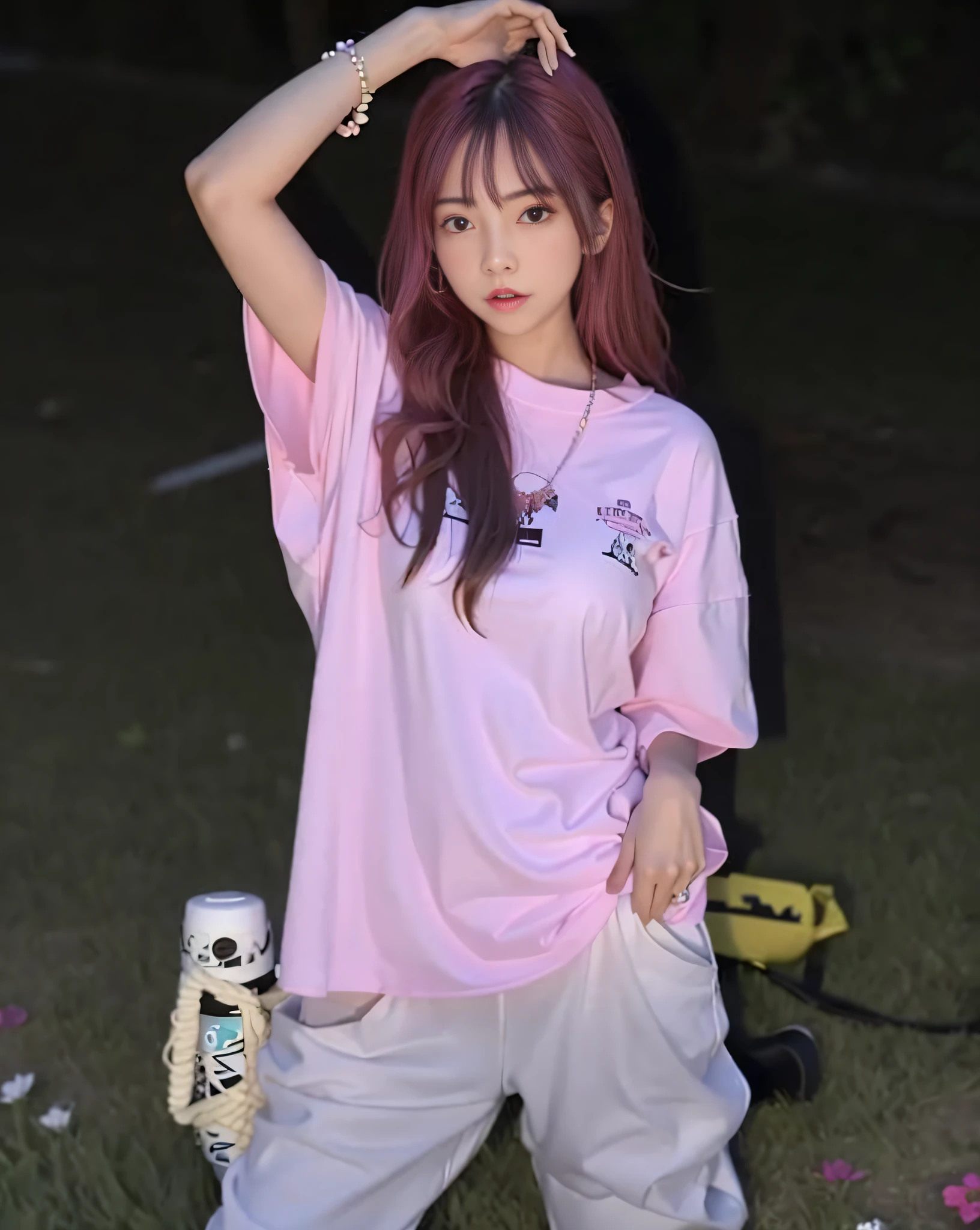 Close-up of a man in a pink shirt，on a field，(Pink background)，She is a pink girl in street clothes，((White handbag)), A pink-haired，Black pink Josie，Pink clothes，Some pink elements，ulzzangs，ses cheveux sont blancs，jisoo from blackpink，Long hair shawl，her wardrobe is attractive，Black-pink Rosanne Park。8K high-definition，（Bigchest：2），huge boob，super gigantic boobs，super gigantic breasts，Skinny pink T-shirt，Skinny T-shirt with an open waist