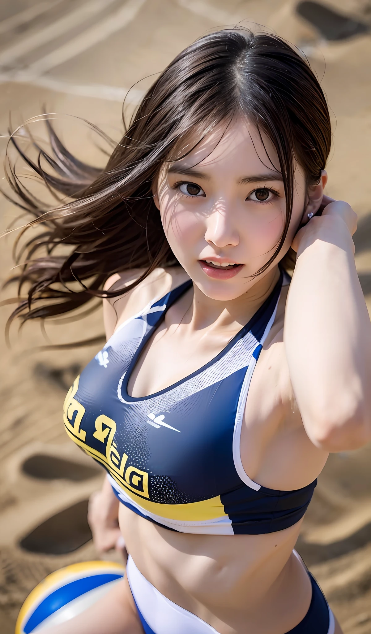 1 girl、sand beach、volley、14years、Kojiri、smallunderboob、Medium Hair、slim figure、Fluid movement、A look of victorious jubilation、evening、Expressing the dynamism of volleyball、Blur the background