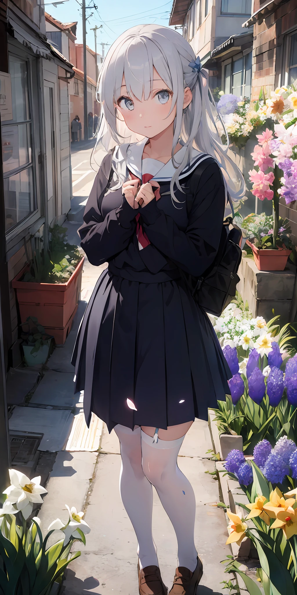 1girl, beautiful detailed eyes, long white hair, light grey eyes, school uniform, high white stocking, vivid, flower, daffodil, hyacinth, falling petals, , high contrast, ((masterpiece, best quality)), cinematic light, cinematic composition