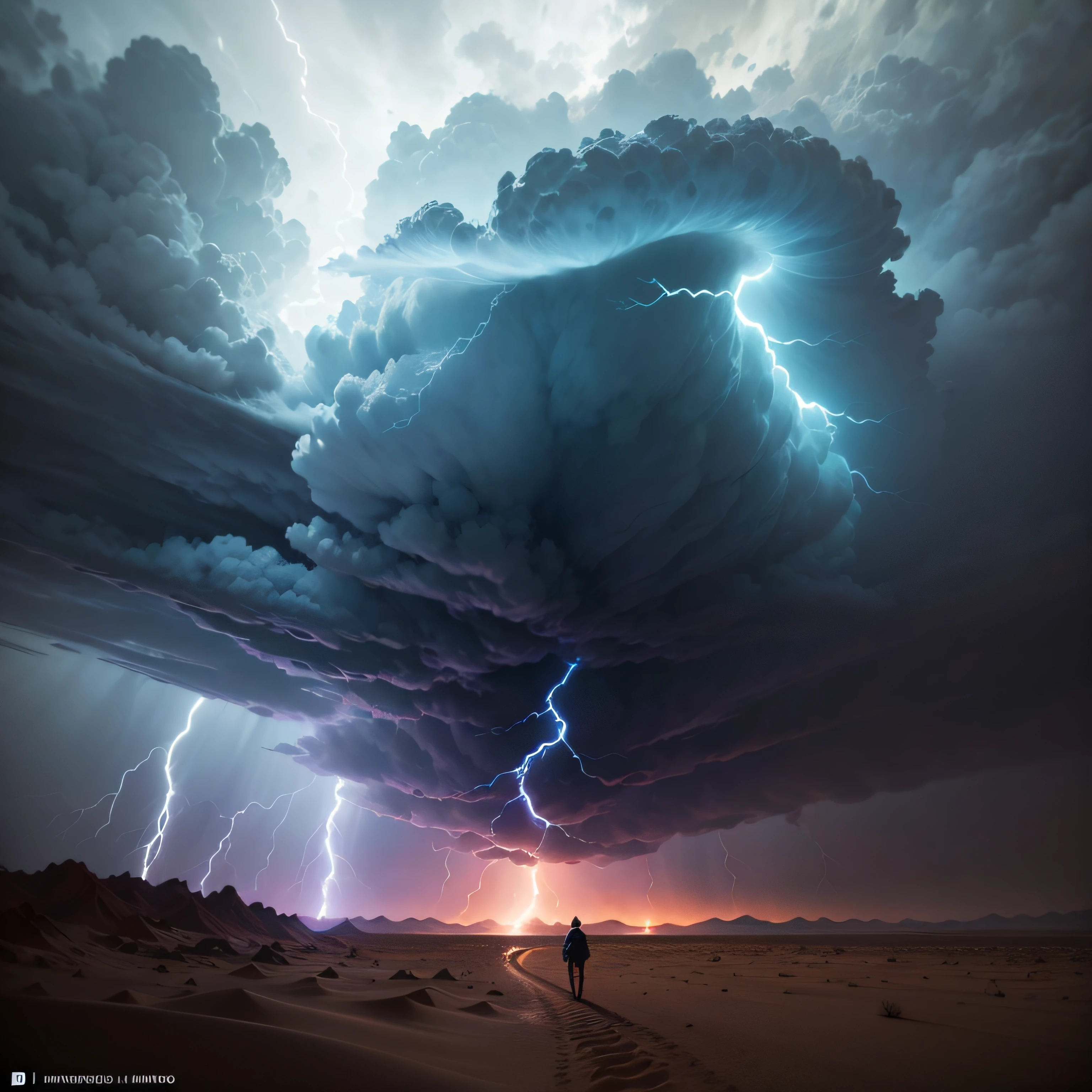 El poder desconocido al otro lado en el horizonte del desierto sin fin, Una imponente tormenta de arena envolviendo todo a su paso, showing flashes of supernatural lightning and raging winds, creating an atmosphere of danger and mystery, Cinematographer, lente: Gran angular, Size: 24mm, --ar 16:9 --V 5 --auto