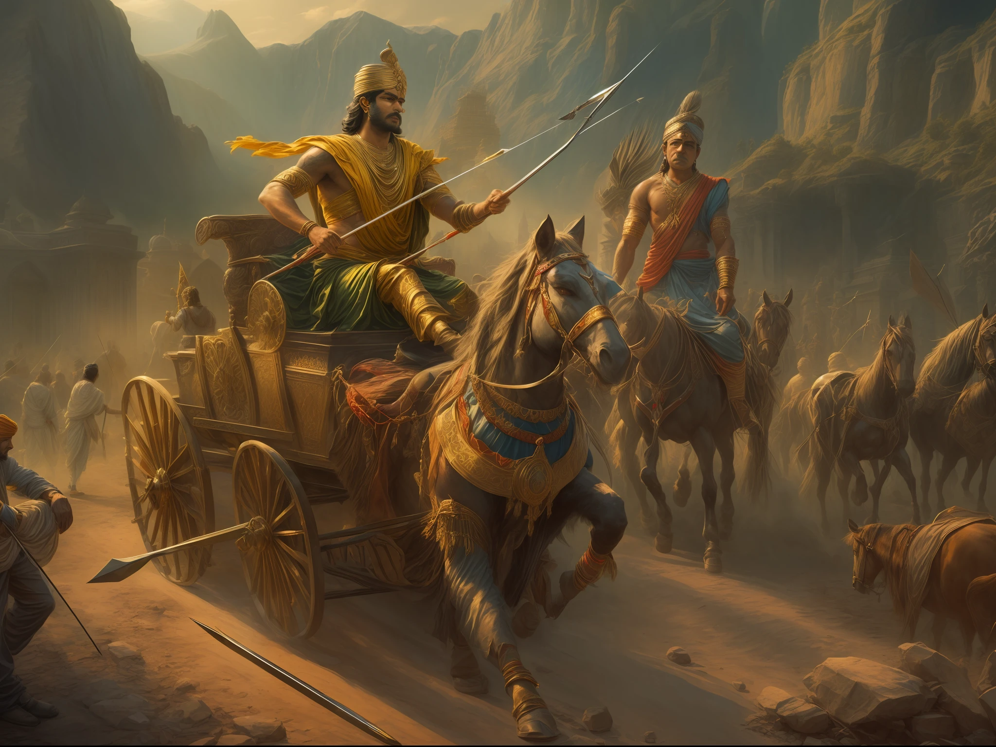 Best quality, masterpiece, 8k, i-ray, high sample rate, (two men:1.8), on battleground, one man driving chariot 2nd shooting arrows, Indian mythical chariot, Arjun and krishna