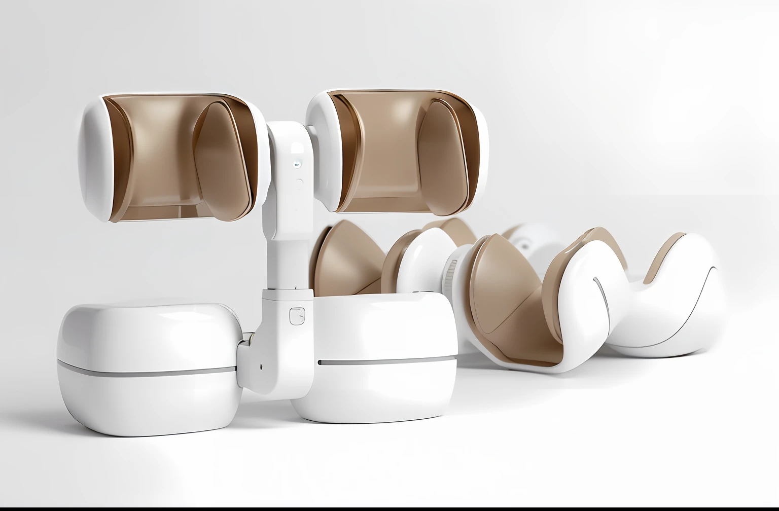 There are four white earbuds sitting on the white surface, product design render, Product rendering, Massage machine on the floor, 3 d product render, Product photo, product design shot, futuristic product design, pods, high res render, author:Alexander Kosis, author:Anna Fossley, author:Matthia Jama, twinmotion render, robotic limb