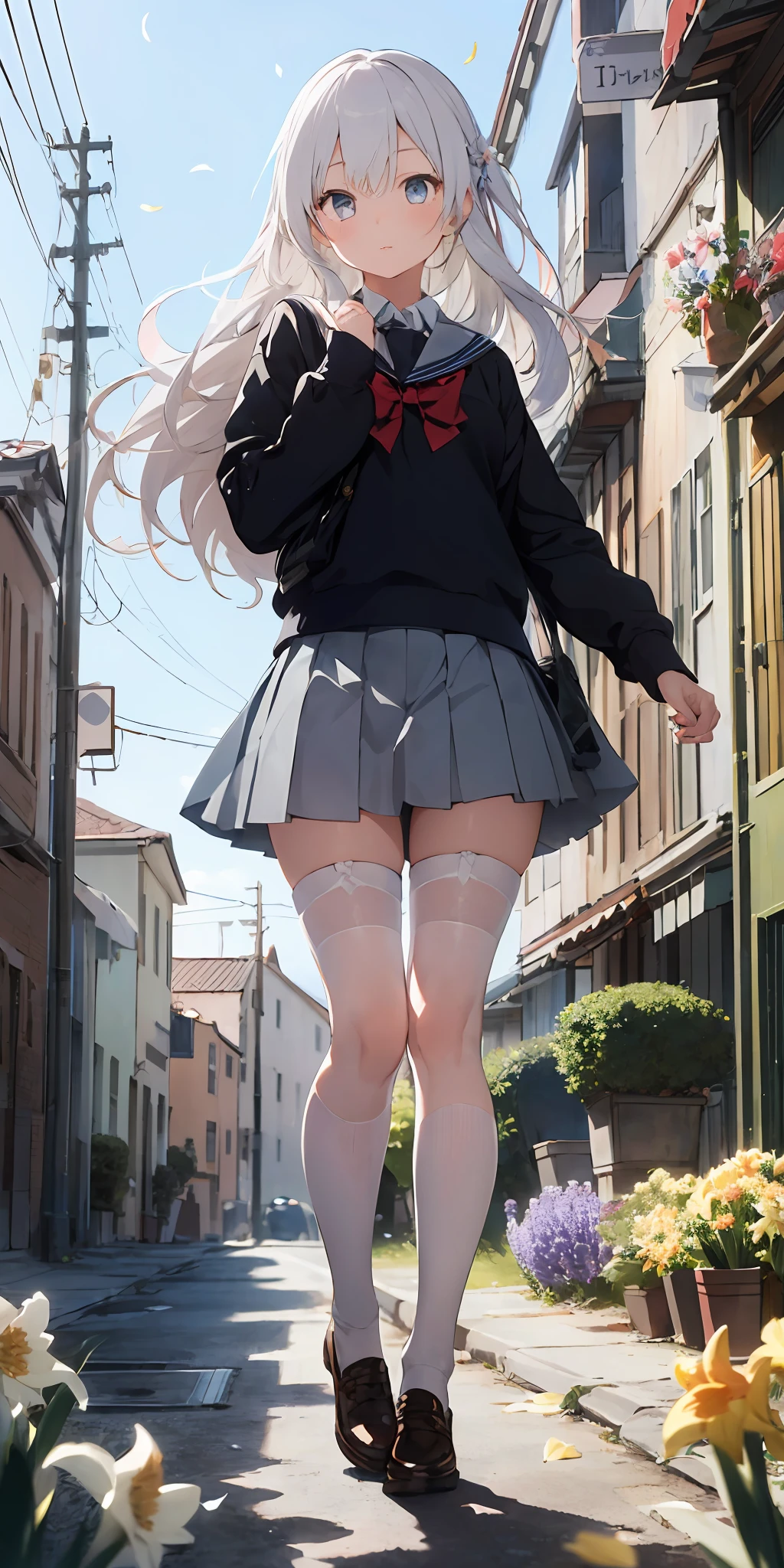 1girl, beautiful detailed eyes, long white hair, light grey eyes, school uniform, high white stocking, vivid, flower, daffodil, hyacinth, falling petals, , high contrast, ((masterpiece, best quality)), cinematic light, cinematic composition