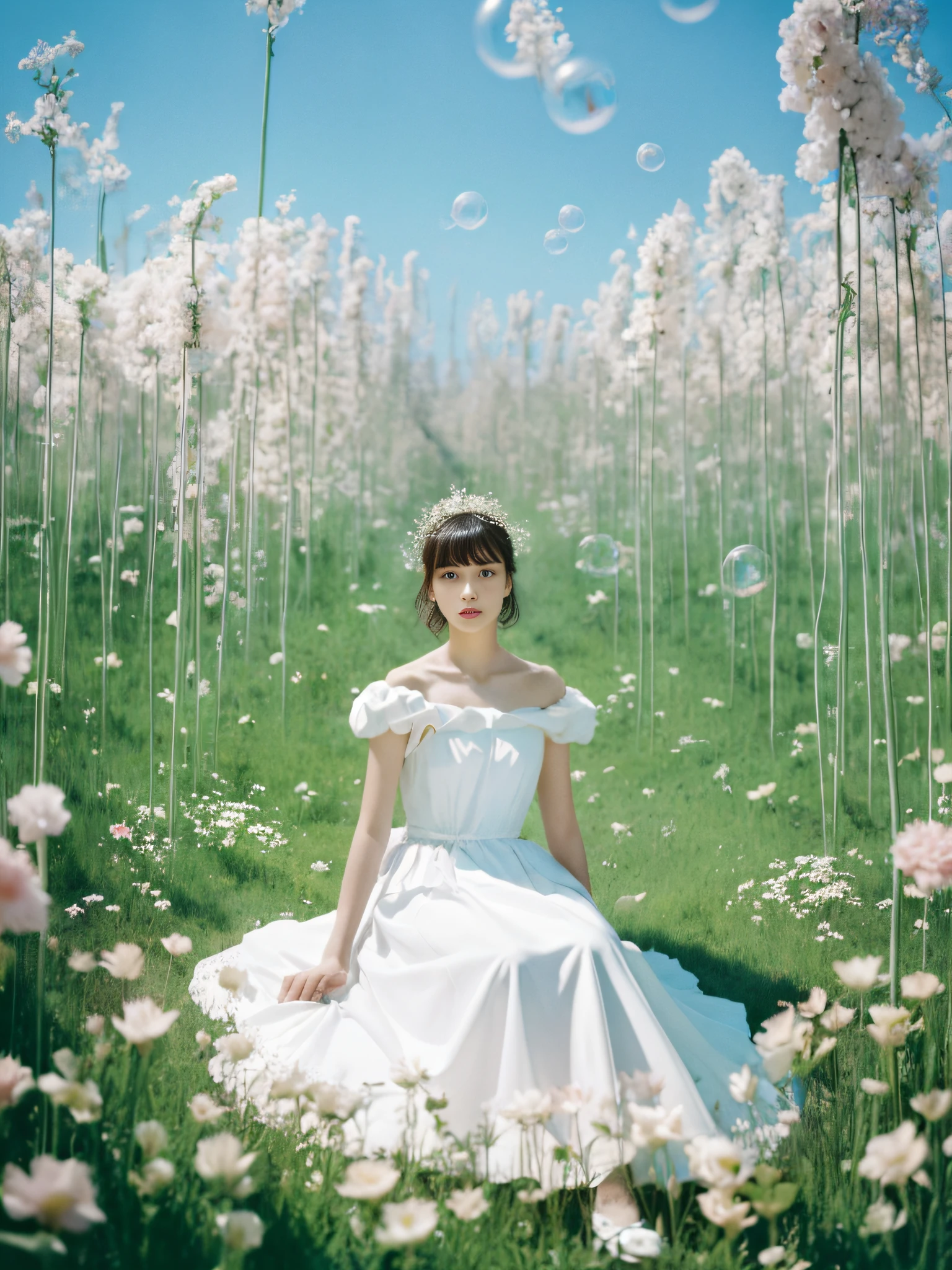 Masterpiece,(Best quality:1.3),(1girll:1.2),
(Solo:1.3),Bubble_Beauty,full body,Alfid woman sitting in a flower field in a white dress, dior campaign, Tim Walker's style, official dior editorial, Dior magazine editorial, Tim Walker, official vuitton editorial, Nick Knight, Image from《vogue》Magazines, official valentino editorial, 《vogue》Official editorial, nico wearing a white dress, fashion editorial, 《vogue》Magazine editorial