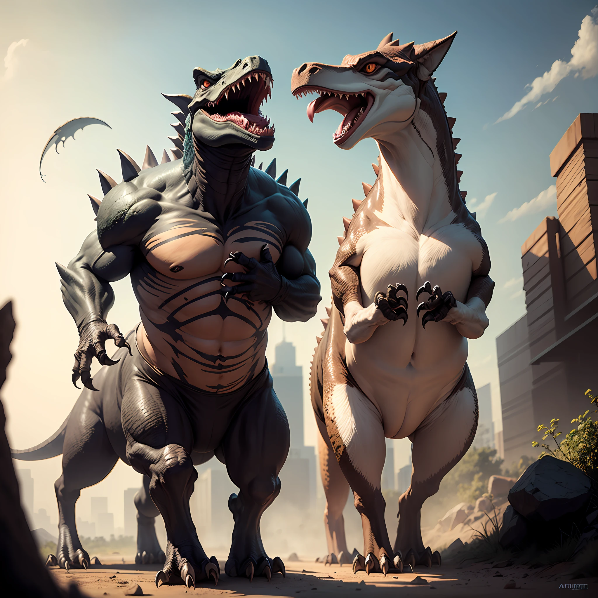 Panicked dinosaur carrying wolf high resolution masterpiece --auto