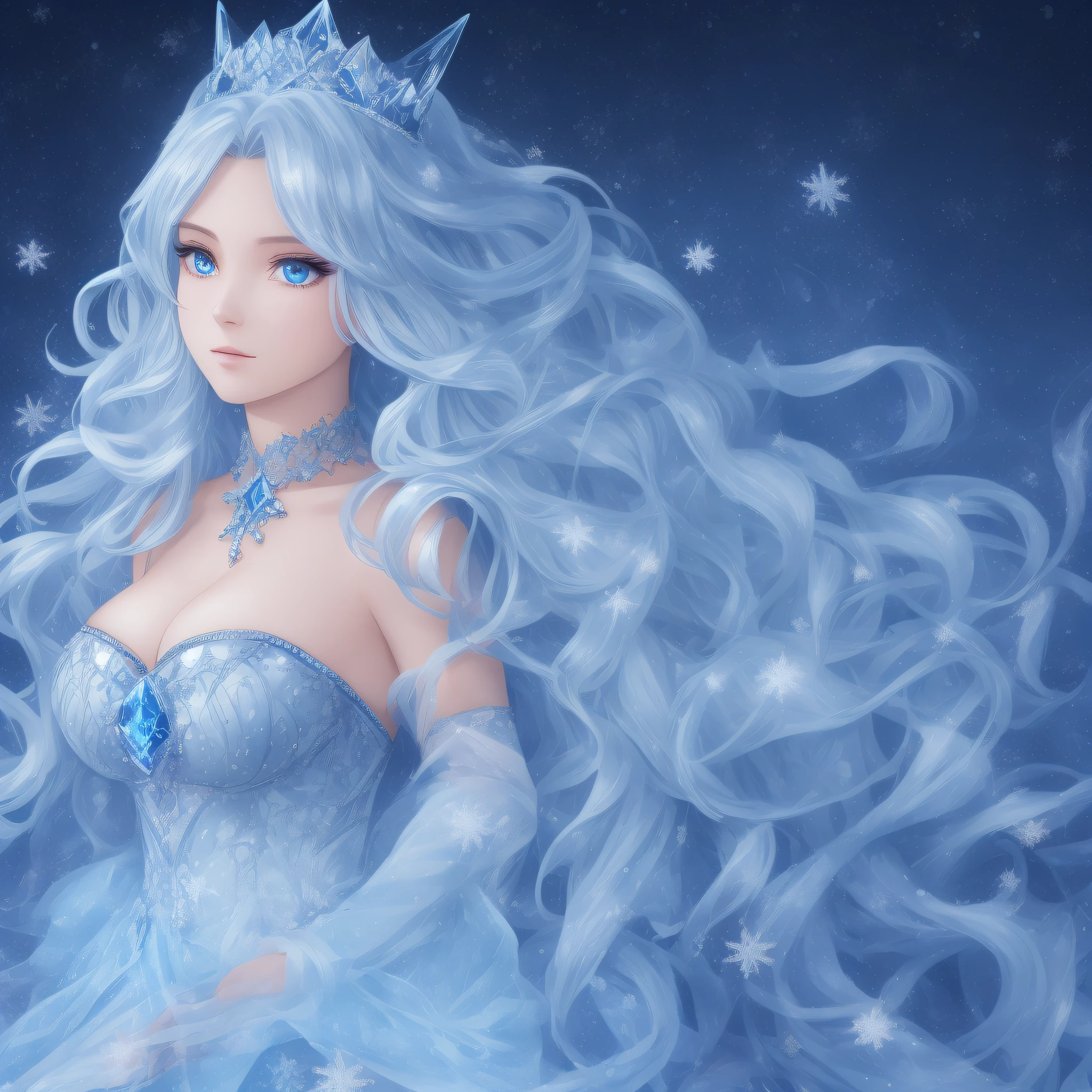 Beautiful girl with fair skin,Light blue long wavy curls,Wearing a crystal crown,Cold eyes,Dressed in a princess costume studded with sapphires,Stand in the icy snow covered with snowflakes,Blue sky,quadratic element,anime big breast --auto