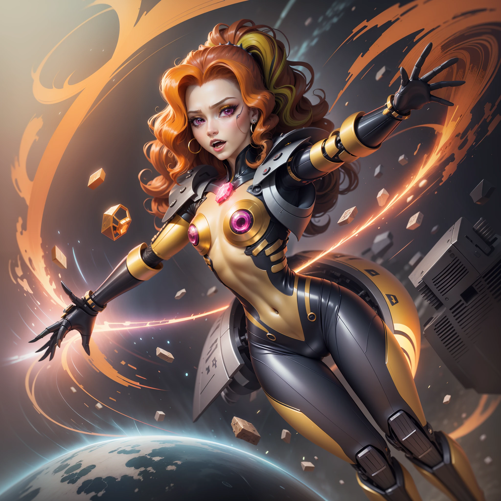 Adagio Dazzle, Adagio Dazzle from My Little Pony, Bioorganism, not human, Mechanical parts, coiled hair, exuberant hair, hairlong, Bionic body parts, Missing skin, Completely cyborg, Cybernetic organism, Mechanical arms, Mechanical legs, full length, full - body, A highly detailed, Качество Ultra 8K, Broken parts, Holes in the mechanisms, not a living organism, Runes and Red Magic, Lots of yellow and red, Red highlighting, Magic Earrings, Lots of magic, Laser Weapons