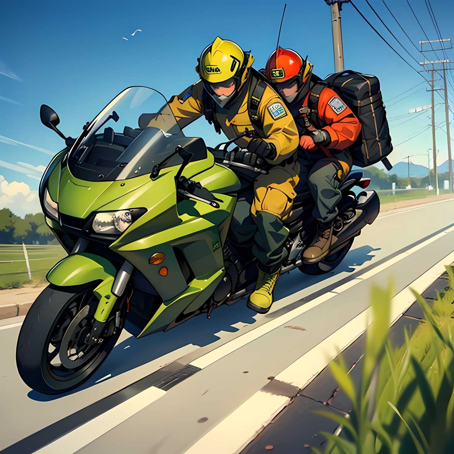 Firefighters in combat suits on the way to fight a fire on a green ninja 400 --auto