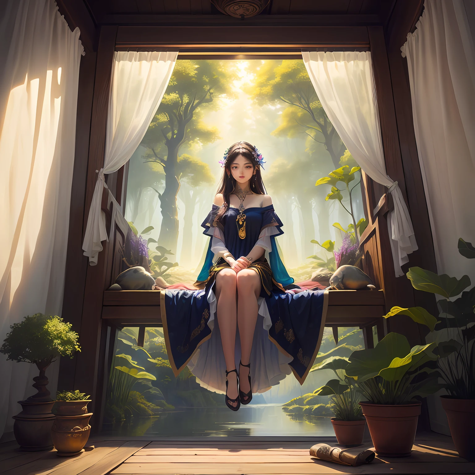 (masterpiece, Best quality at best), Complex Details, Intense colors,Mysterious lotus lake seen out of the window,Fairy sitting on the sofa,Surrounded by enchanting creatures and vibrant vegetation, it shows a blend of reality and fantasy with a soft, shining light that illuminates the serene landscape. Delicate yet powerful