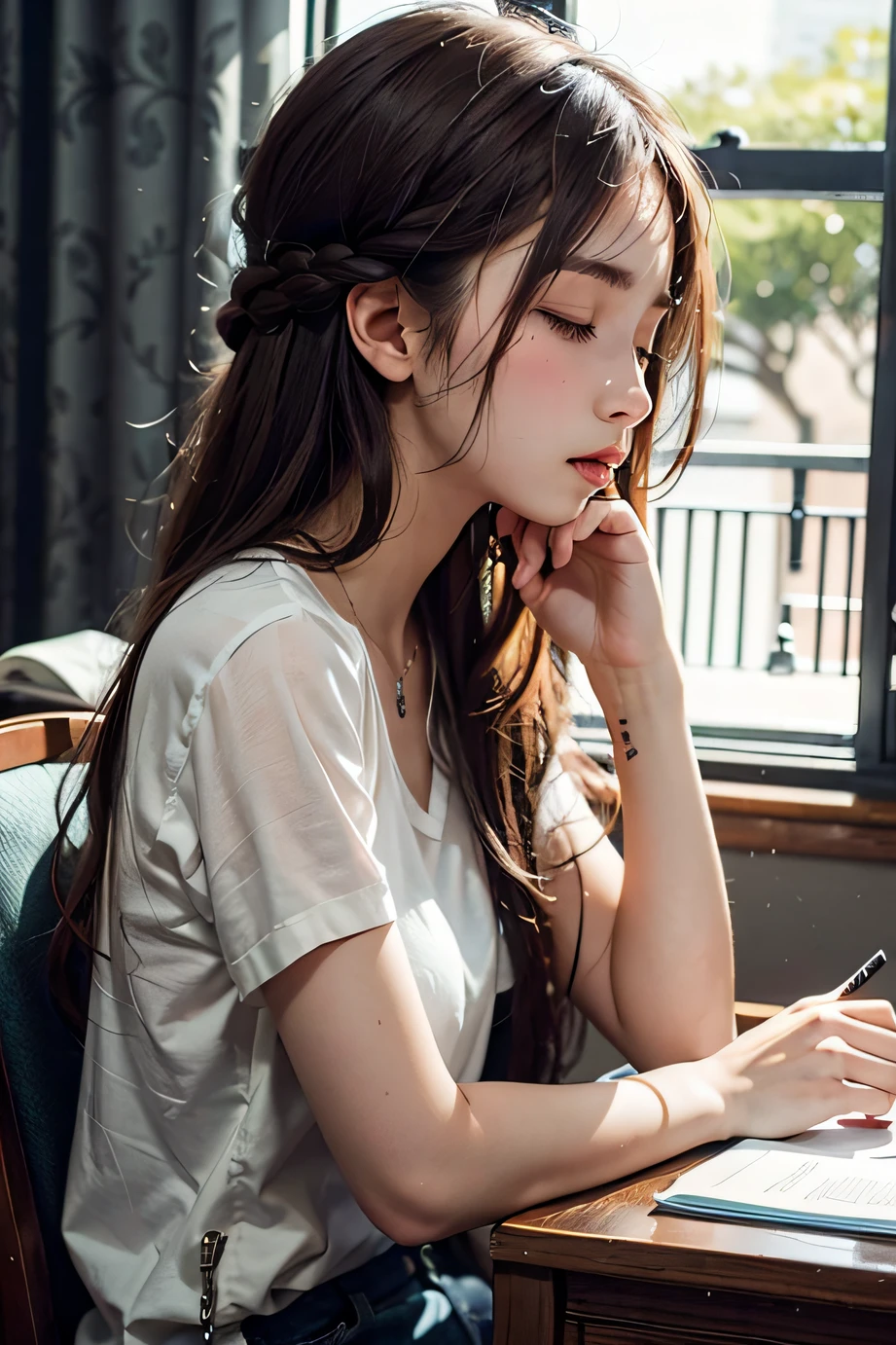  Female, long  hair, Profile, studying, closed eyes