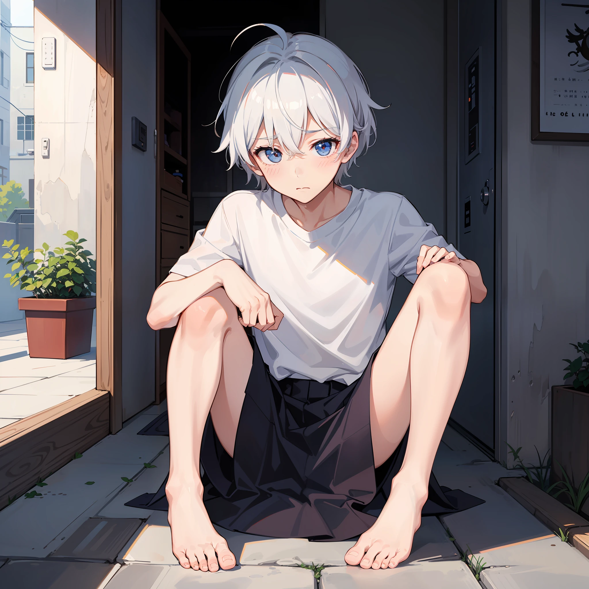 A cute and charming boy,White color hair,in a white shirt,He looked sad,Barefoot,sat on the ground。The blush gradually rises,Shy, But handsome。The picture style is fresh and simple,Rendered like a comic,The lens is shown as a vista,(Anime style+Soft cute)
