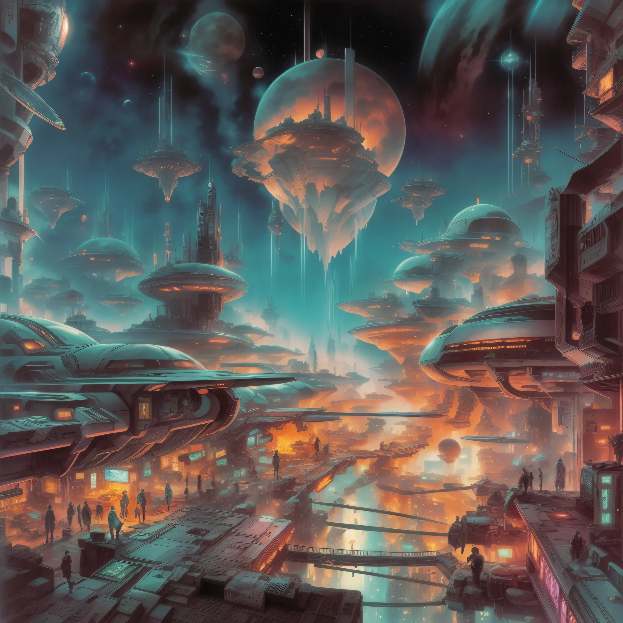 Cyberpunk space city on a floating ground in the vacuum of space. Cover music 1980 japan. Arte Royo.`