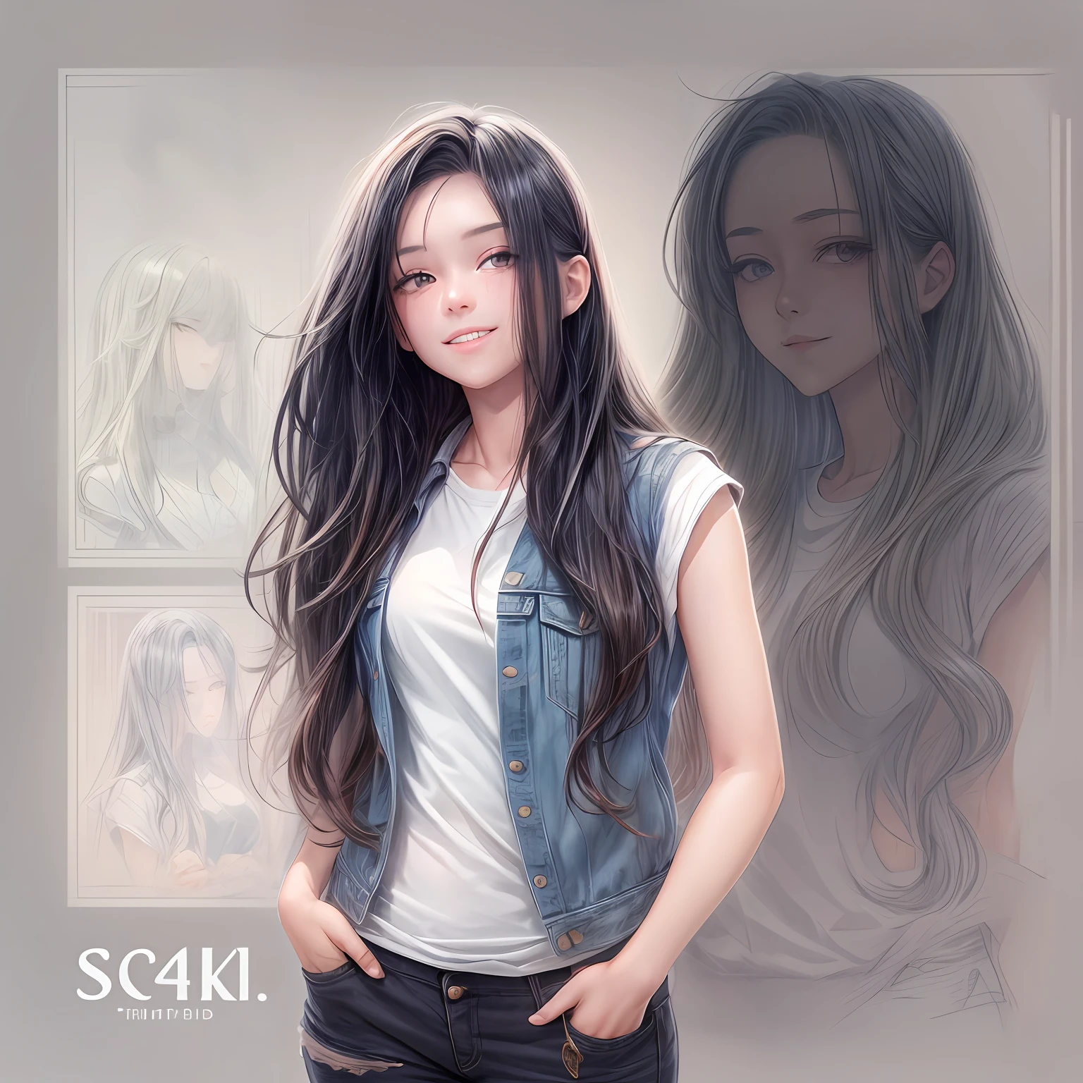 (tmasterpiece),ultra - detailed,8k,((Role table:1.4))Or refer to the sketch,streetview,One long hair Girl,ssmile,denim pant,Lunette de soleil,Simple background illustration,white flat background,((longblackhair)),(long whitr hair))
