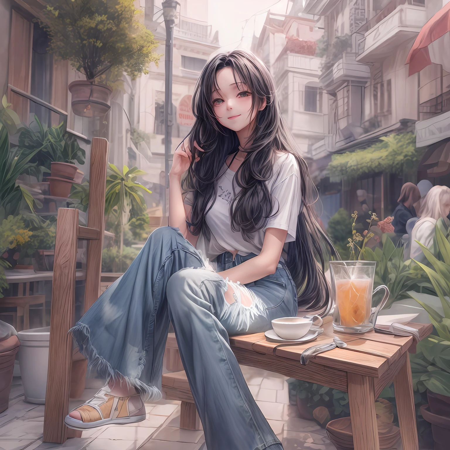 (tmasterpiece),ultra - detailed,8k,((Role table:1.4))Or refer to the sketch,streetview,One long hair Girl,ssmile,denim pant,Lunette de soleil,Simple background illustration,white flat background,((longblackhair)),(long whitr hair))