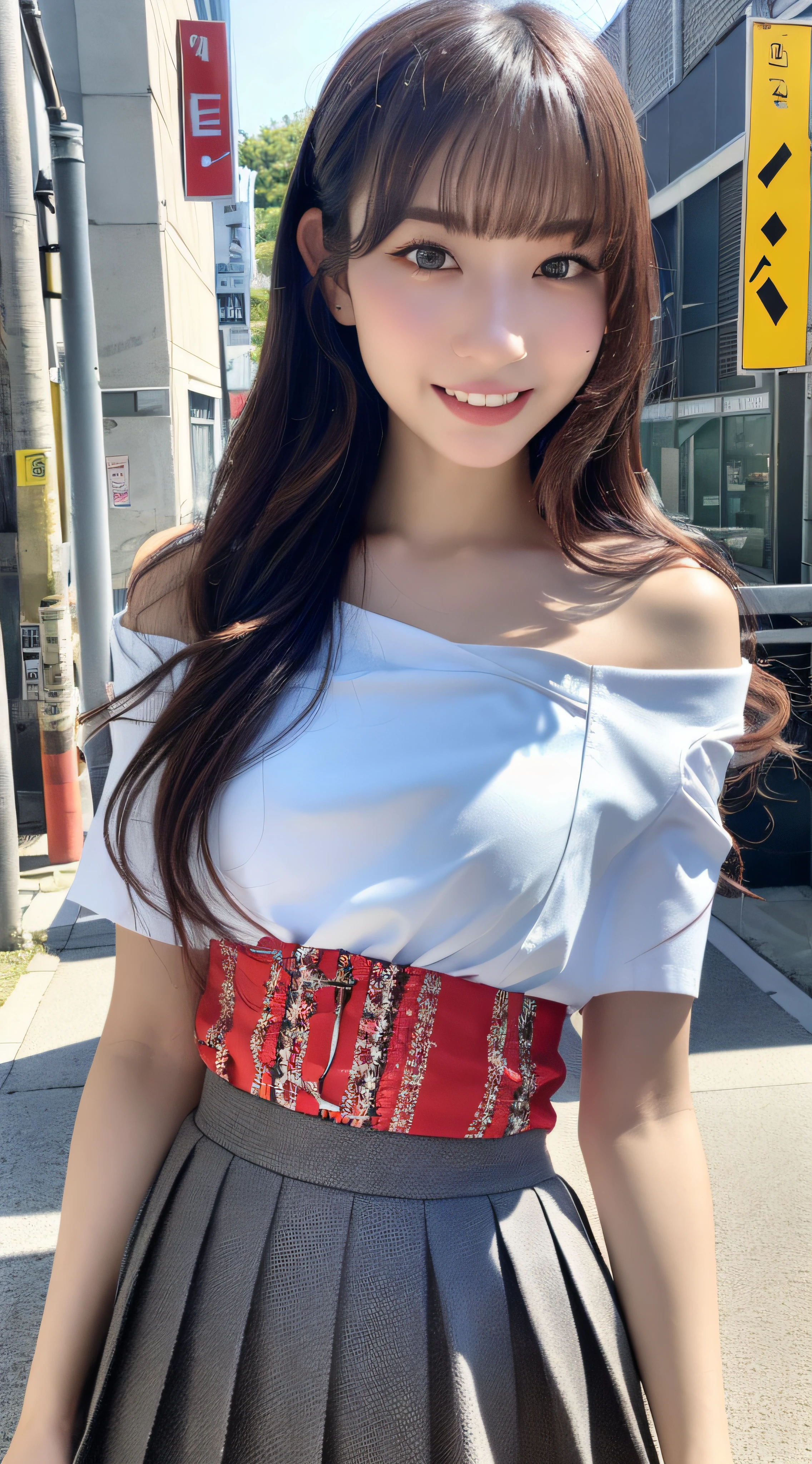 (8k, RAW photo, best quality, masterpiece:1.2), ultra detailed, ultra high res, 
(realistic, photo realistic:1.37), portrait, high detail RAW color photo, professional photograph, 
an extremely delicate and beautiful, extremely detailed, 8k wallpaper, Amazing, finely detail, huge file size, official art, extremely detailed CG unity 8k wallpaper, 
extremely detailed beautiful girl, extremely detailed face, extremely detailed eyes, extremely detailed skin, extremely detailed fingers, extremely detailed nose, extremely detailed mouth, 
perfect anatomy, highly detailed background, delicate eyes, armpits, 
1girl, cute girl, pretty girl, famous japanese idol, kawaii, 
flat chest, realistic body, petite, beautiful delicate fingers,
fair skin, shiny skin, slender body, good figure, perfect figure: 1.4, Slender abs: 1.2, wide shoulder, 
Ash blond hair, ponytail, semi-long hair, (blunt bangs:1.2), 
smile, cute, young, cute face, realistic face, 
beautifully detailed eyes, delicate eyes, brown eyes, black eyes, big beady eyes, round eyes, double eyelids, 
 (student, high school, uniform, short sleeve blouse, pleated skirt), 
looking at viewer, cowboy shot, face the front, standing posture, contrapposto, 
outdoors, on the street, street, store status, japan, street, tokyo, city, Akihabara, Shinjuku, Shibuya, Ikebukuro, 
lens flare, dynamic lighting, HDR