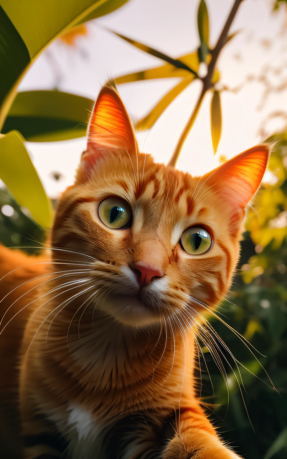 there is a cat that is looking at the camera, photo of a cat, ginger cat, ginger cat in mid action, an orange cat, closeup portrait shot, golden hour sunlight, orange cat, close - up portrait shot, cat photography, cat photo, looking up at camera, cats and plants, portrait shot, close up cat, close up portrait shot --auto