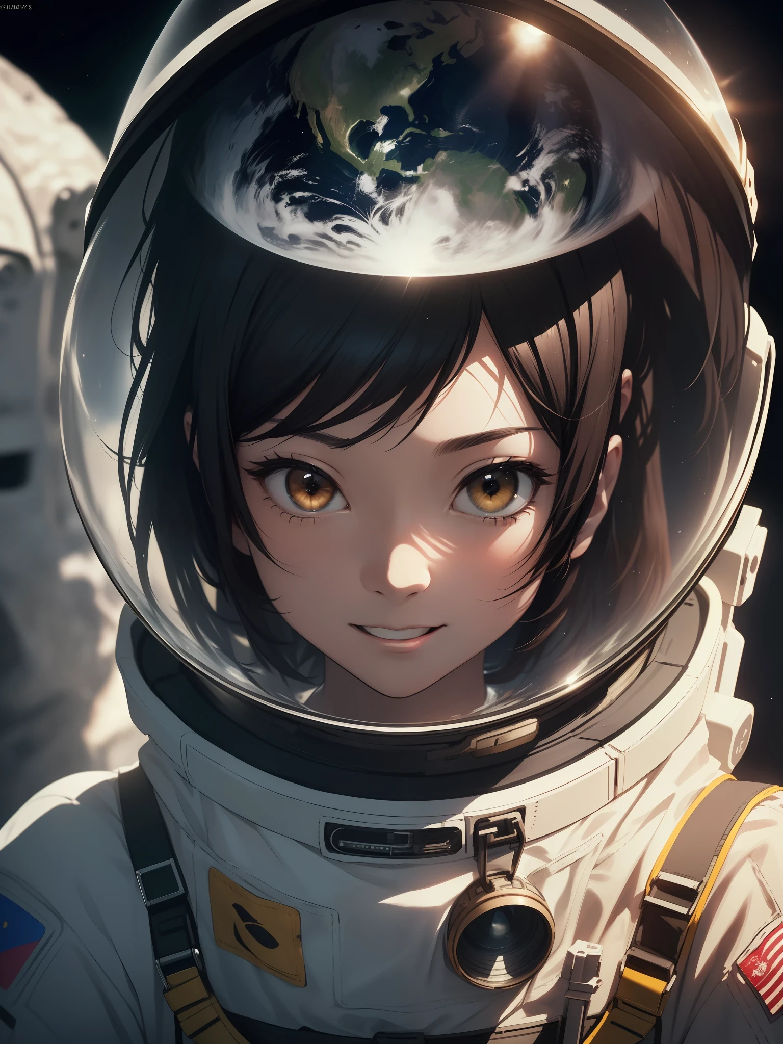 masterpiece, (best quality:1.2), high quality, (((photoreal)), cinematic direction, (high contrast), depth of field, (award-winning difference photo), face detail, detailed drawing, ((high quality)), ((masterpiece)), 8k, light rays, extremely detailed CG unity 8k wallpaper, Extremely high quality detailed close-up picture of suzumiya haruhi, Looks happy and amazed, focuses on her upper body. She is in a realistic detailed and highest quality astronaut helmet and astronaut suit. standing on the moon. A realistic detailed and highest quality earth reflection is on her helmet. Detailed highest quality realistic hand. Extremely Detailed highest quality suzumiya haruhi’s face, excitement, happiness, amazement. Enhanced quality.