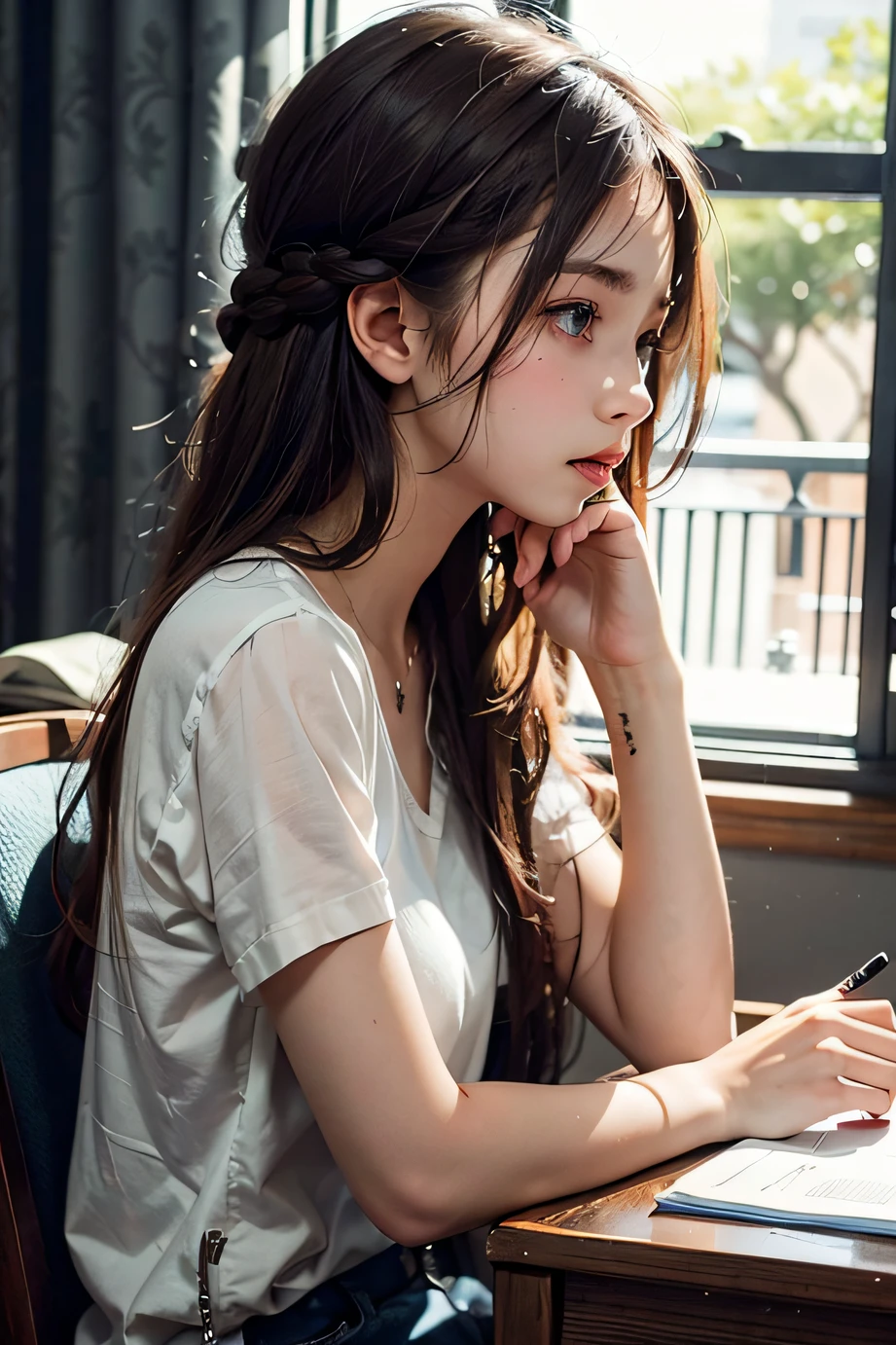 Teenage Female, long hair, Profile, studying