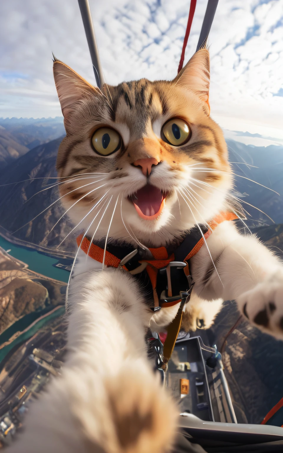 araffe cat with its mouth open and its paws stretched out, paw pov, awesome cat, cat is floating in air, looking up at the camera, flying towards the camera, looking up at camera, looking down on the camera, accidentally taking a selfie, accidental selfie, looks directly at camera, taking a selfie, cat photo, extreme perspective, funny cat --auto
