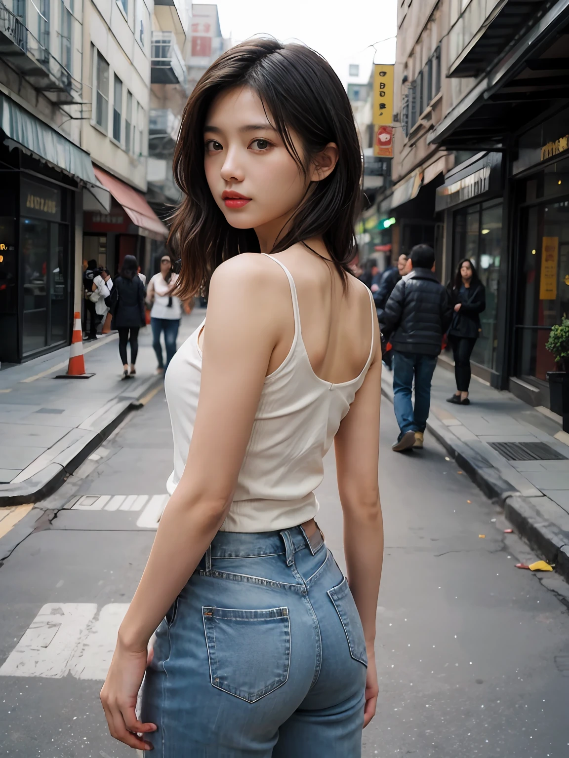 real photograph，tmasterpiece，araffed asian woman in white top and jeans standing on sidewalk, natta，The streets are brightly lit，Backlit shooting，Shot with the Canon EOS 5 D Mark IV,，There is light shining on the hair