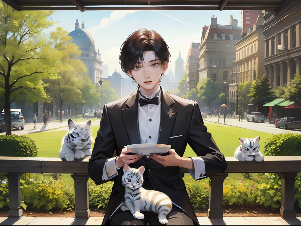 A young man with black hair and three small white tigers in the park