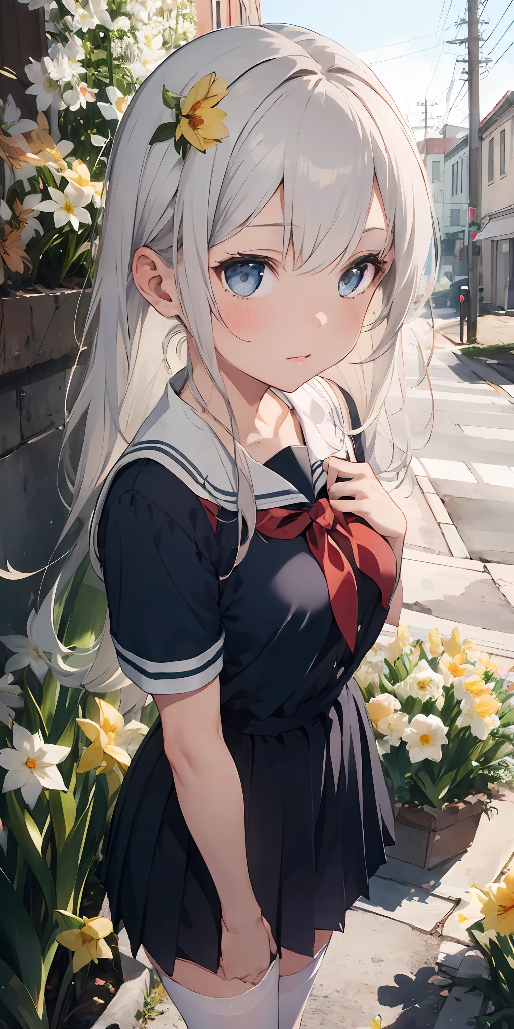 1girl, beautiful detailed eyes, long white hair, light grey eyes, school uniform, high white stocking, vivid, flower, daffodil, hyacinth, falling petals, , high contrast, ((masterpiece, best quality)), cinematic light, cinematic composition