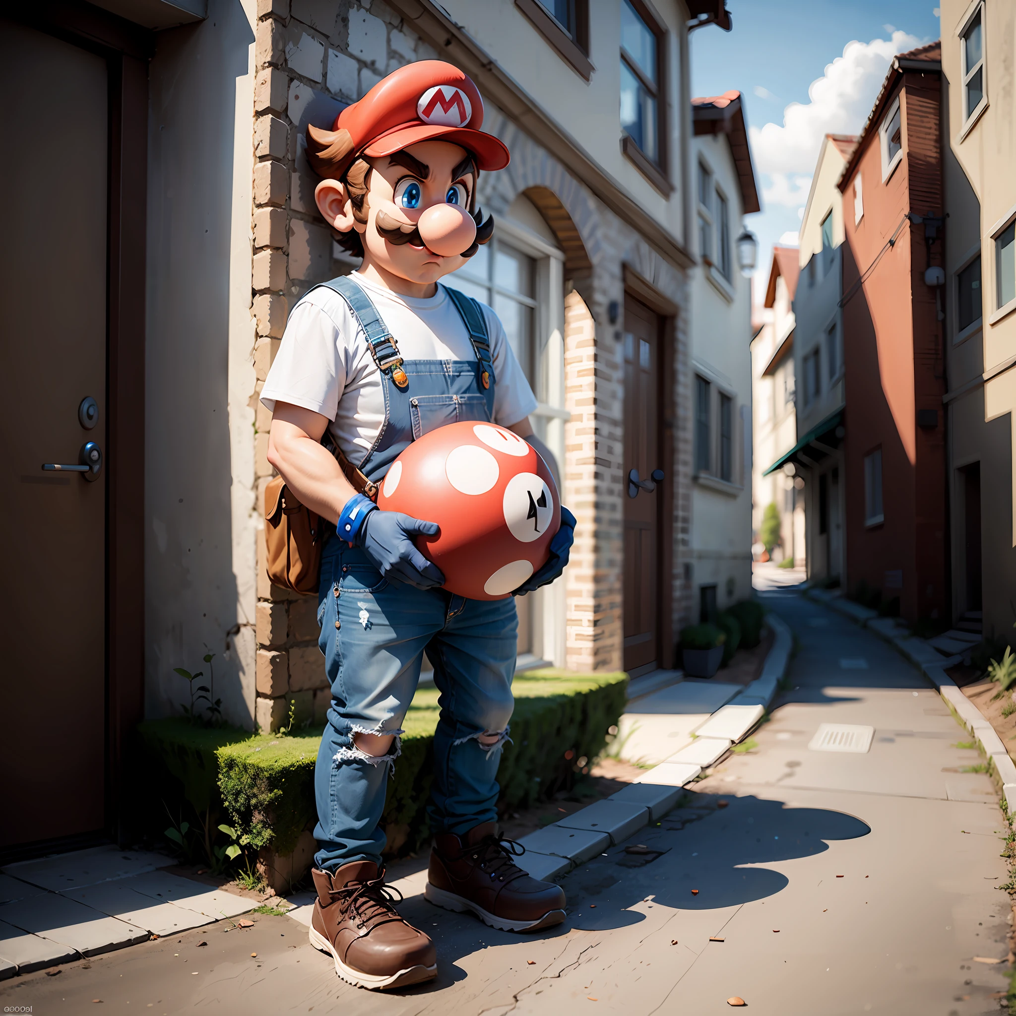 super Mario living on the street, highly detailed, realistic photography, 8K