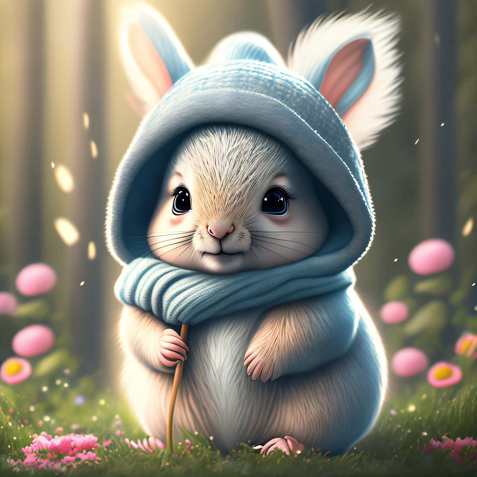 epic realistic photography, a drawing of a cute (little baby:1.2) (squirrel) surrounded by beautiful flowers and trees in a forest clearing --auto