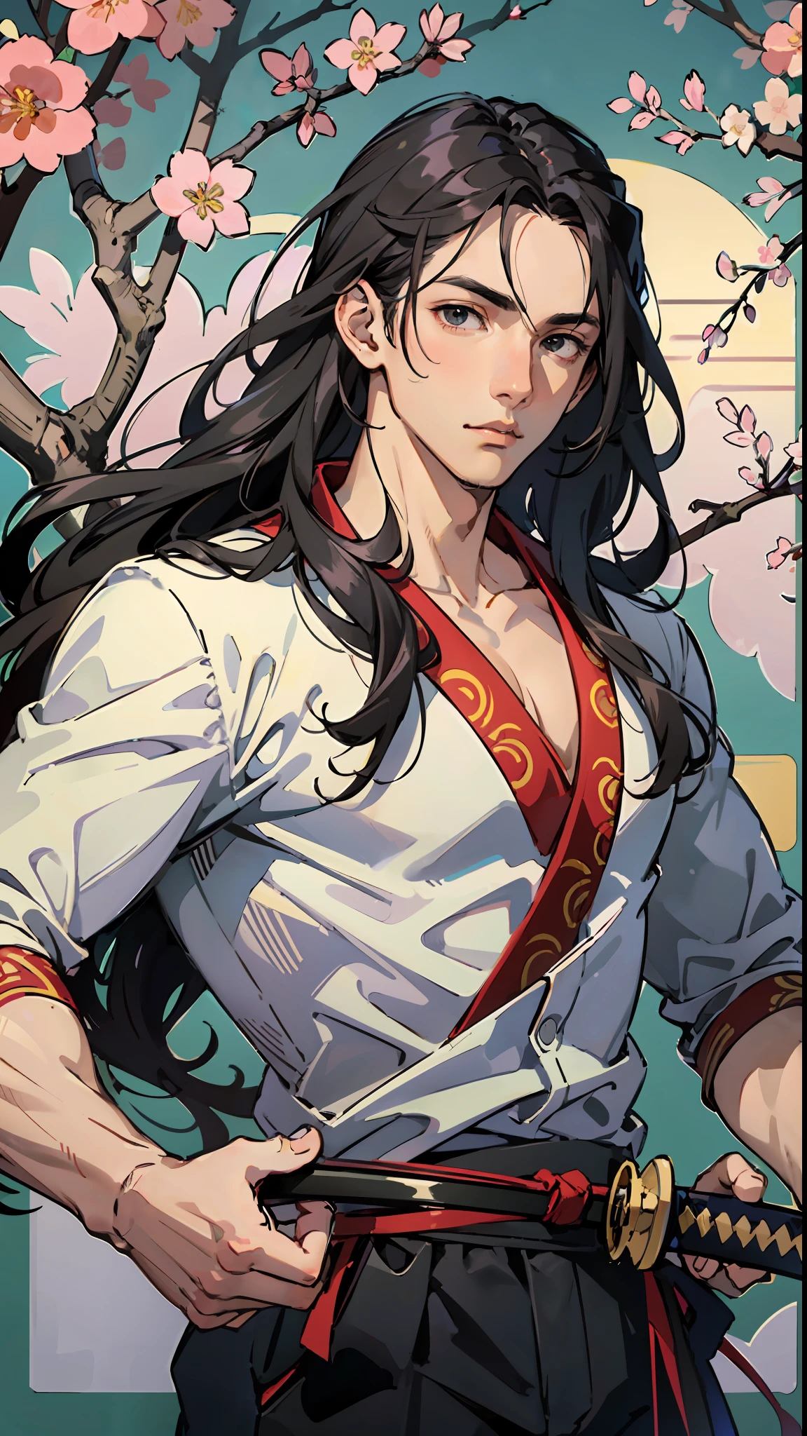 masterpiece, best quality, 1 male, teen, muscular, handsome, finely detailed eyes, intricate details, highly detailed katana, holding katana in hands, long wavy hair, black hair, black eyes, looking at the camera, surrounded by sakura trees, highly detailed dojo behind the man