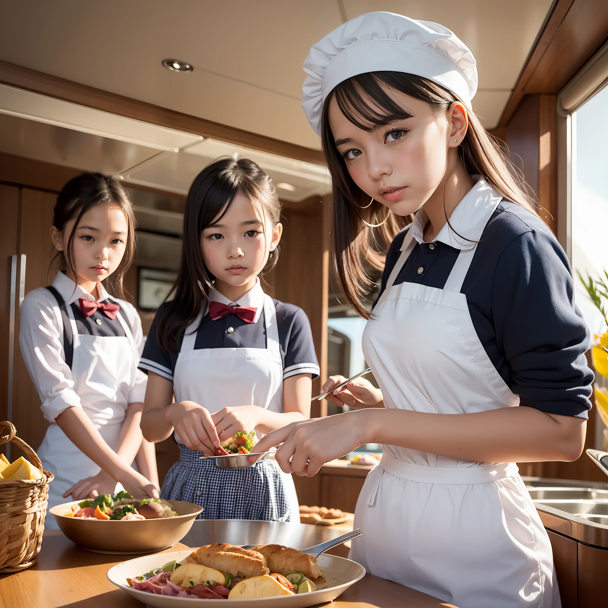 On a super-large cruise ship,Five delicate cute little girls with upturned asses,junior school student,Cooking in the yacht