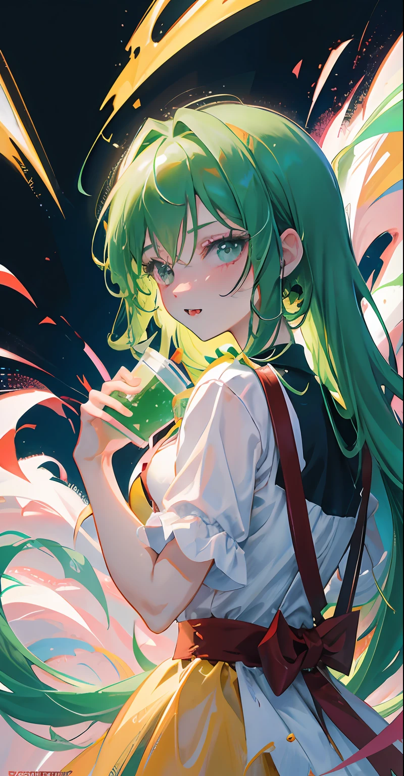 This is a close-up shot that uses a pink and green palette to create a vibrant yet bleak atmosphere. The drink held by this character is lime-themed with a sharp thrill. The whole picture presents beautiful color art! But there is some hostility and malice in it, and he may have the qualities of a "celery woman", a style common in comics. The entire frame may be in a super vivid color scheme to enhance the visual impact. She has a wavy hairstyle that gives a sense of movement and tension. This style may have come from a Korean artist. Finally, there may be a bloody scene in the picture, adding some tension and drama. Anime girl with green hair holding drink, evil laugh, fangs, medium chest, anime style 4 K, anime moe art style, 2 D anime style, detailed digital anime art, high quality anime art style, anime art wallpaper 4k, anime wallpaper 4k, anime girl