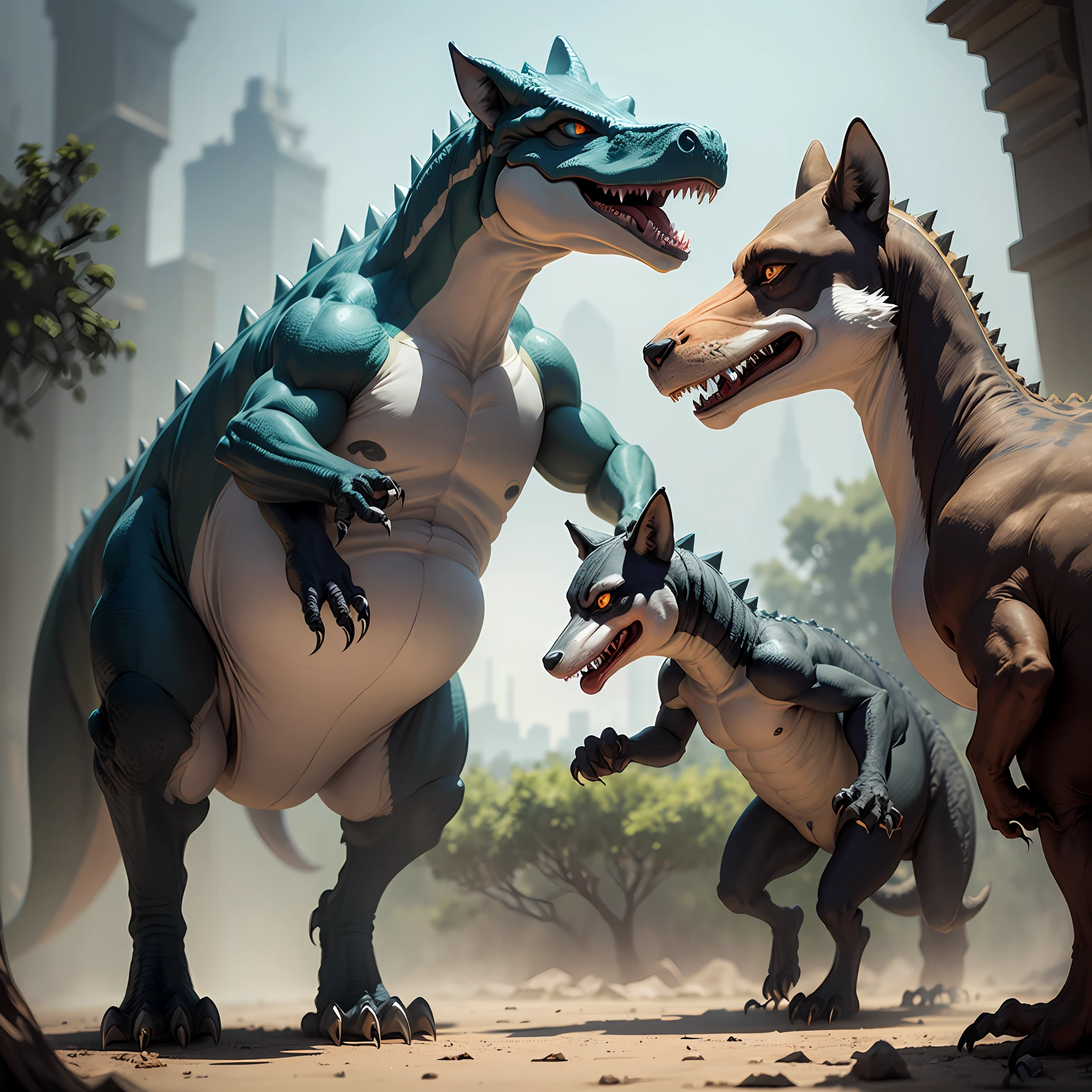 Panicked dinosaur carrying wolf high-resolution masterpiece --auto