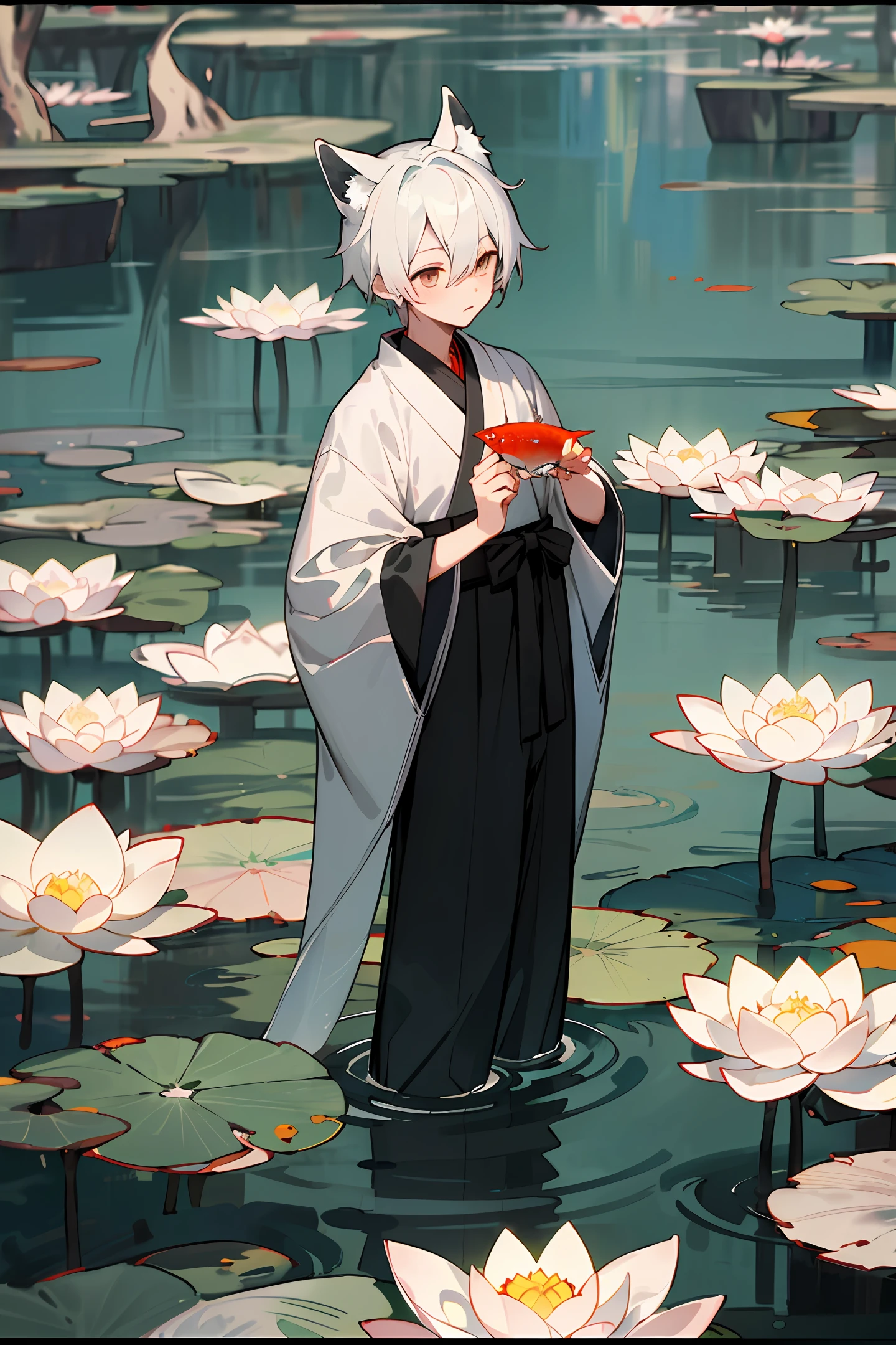 ((4k,masterpiece,best quality)), shuimobysim, Chinese painting, lotus, Hanfu, maxikit, conservatively dressed 1 boy, solo, white hair, fox ears, white, fish, there are many fish near the boy, look at the audience, tease oneeshota ,