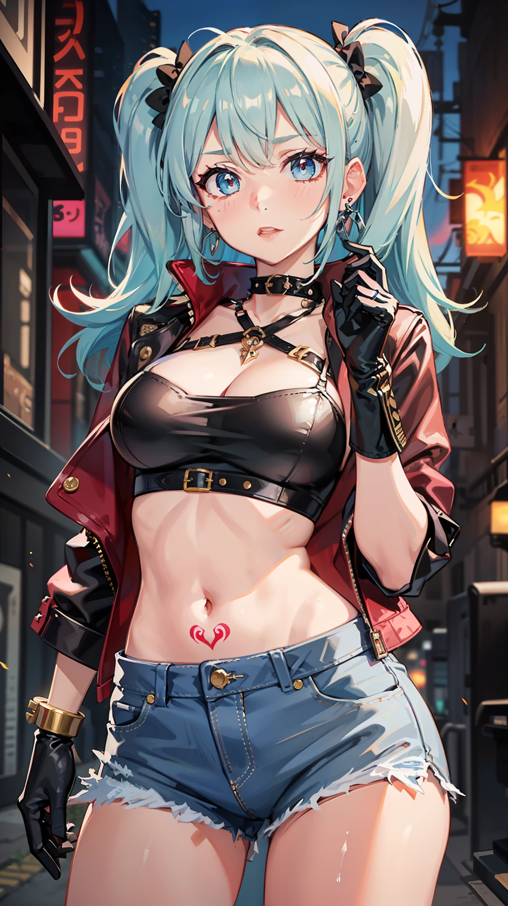 A punk fashion anime girl stands in a night Alley, pink and green hair, twin tails, black leather jacket, leather gloves, pink tube top, low-rise denim pants, long leather boots,zettai ryouiki,red long boots, spike bracelet, golden choker, medium breasts, cleavage, slim body, thighs, navel, blue eyes, big eyes, drooping eyes, thin eyebrows, red lipstick, silver earrings, expressionless, tattoo, looking at viewer,cowboy shot,