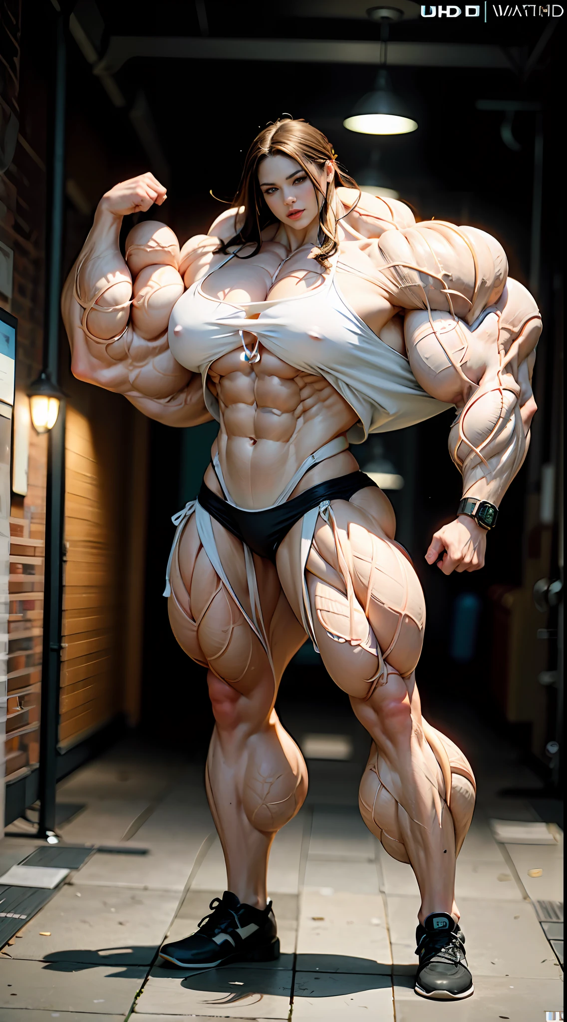 ultra photorealistic image of a bodybuilder wearing a skin tight thong, (perfect anatomy:1.5), (super muscular professional bodybuilder:1.5), (full body pose:1.5), (huge muscular arms:1.5), perfect model face, beautiful gorgeous smile, (super muscular physique:1.5), (muscular female bodybuilder:1.5), (huge muscular arms:1.5), (Larger biceps:1.75), large forearms, (((narrow hips))), veins everywhere, thin thighs, (thinner legs), (larger upper body:1.5), (small pecs), muscular chest, small waist, (perfect fingers:1.2), (full body pose), (UHD 8k:1.5), solo female, realistic image, high detail, photo quality, beautiful girl, best quality, ultra-detailed, masterpiece, finely detail, style of stefan kostic, realistic skin texture, 85 mm art lens, f 1.2, sharp focus, 8 k high definition, insanely detailed, intricate, elegant, art by stanley lau and artgerm