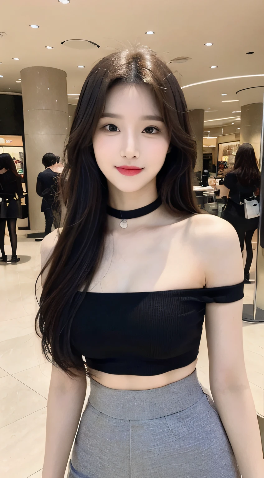 A girl around 35 years old,simplicity,Extremely beautiful and delicate,(light make-up),black color hair,A sweet smile,Delicate and beautiful fair skin,Realistic and realistic,exquisite and complete facial features,Detailed depiction of the face,tall nose bridge,Red lips,Beautiful gentle beauty,Smooth hair,Extremely delicate hair,Feminine temperament,Fill your face light,hyper realisitc,photorealestic,8K quality,extremy detailed,Realistic details,Works of masters,Realistic to the extreme,big breasts body,Beautiful,Pure desire,Stunning beauty,Peerless beauty,Highest image quality,8K分辨率,goddes,ssmile,Fine facial features,Hair over the shoulder,A brown-haired,Large long thick legs,(((High-waisted French top))),(((short skirt))),rays of sunshine,facing at camera,The body is well-proportioned and firm,Gentle eyes,exposing thighs,stand posture,Stand inside the mall,Full body photo