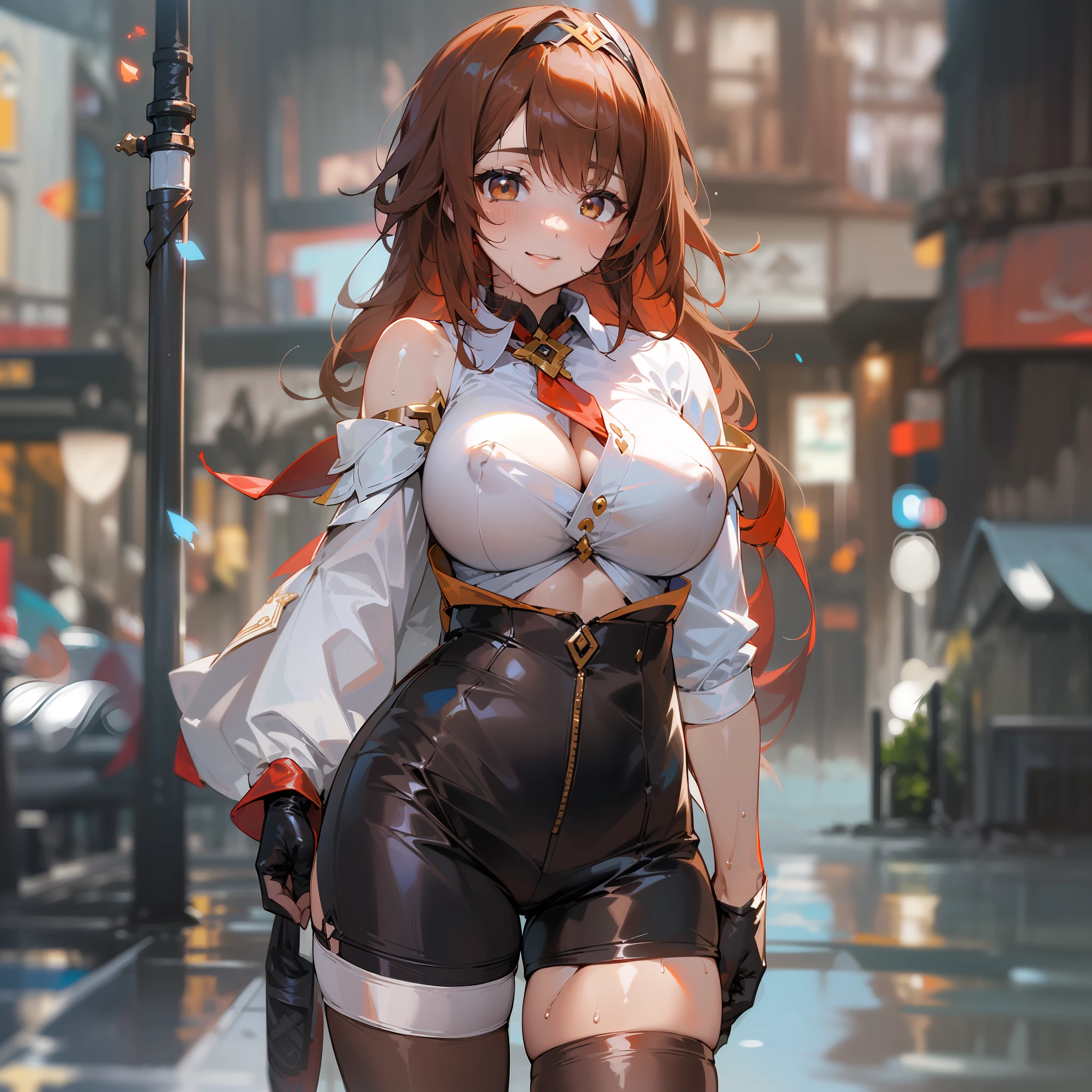((best qualtiy, 8k, tmasterpiece:1.3)), sharp:1.2, perfect figure beautiful woman:1.4, Slim abs:1.2, ((Layered Hair Style, huge tit:1.2)), (Long shirt with wet white buttons:1.1),(Sateen,the street:1.2),Get wet:1.5,Highly detailed facial and skin texture,A detailed eye,二重まぶた,Look sideways at the camera,amber \(Genshin Impact\),red hairband,Brown eyes,Brown hair long,white stockings,Leather glove,brown shorts,Allure smiled,Big perspective,Be red in the face,perky-nipples,