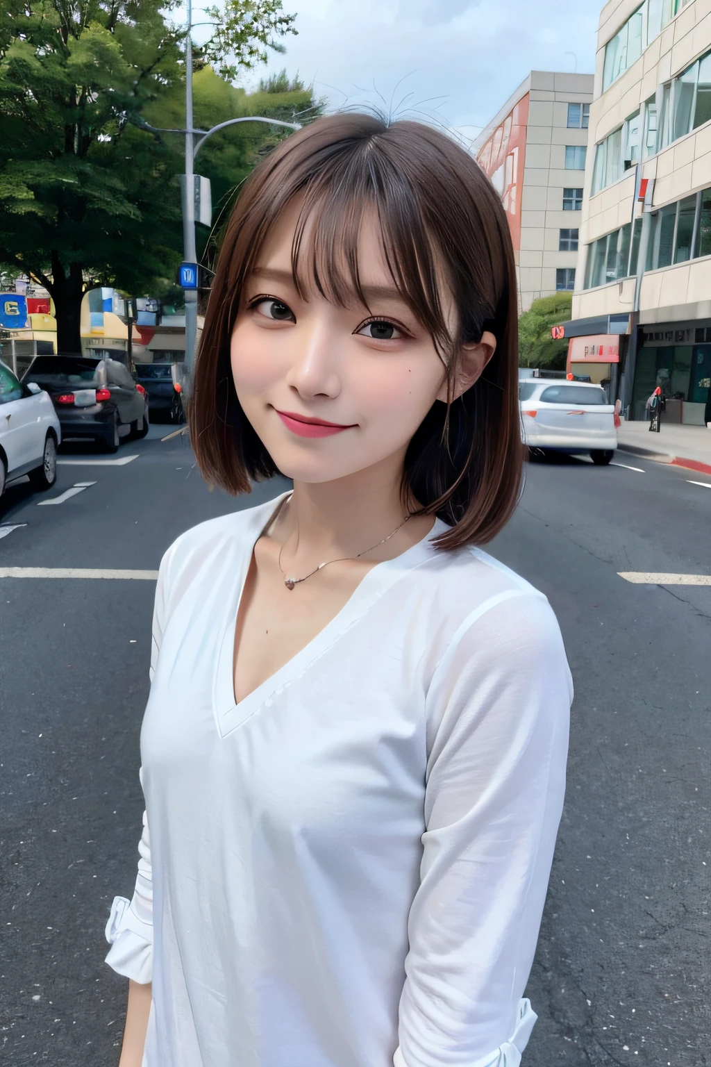 (((Medium Hair))), top-quality, 8K, nffsw, Hi-Res, absurderes:1.2, a picture, (Raw photography:1.2), (Photorealsitic:1.4), (​masterpiece:1.3), (intricate detailes:1.2), 1girl in, 独奏, a japanese girl, Delicate and beautiful details, (A detailed eye), (detailed facial features), 小柄, (((tiny chest))), tonned skin, (up looking_で_viewer), from a_front, (skiny), (top-quality:1.4), (超A high resolution:1.2), cinematric light, (Extreme detailed illustration), (lipgloss、top-quality、超A high resolution、depth of fields、Caustics、Broadlighting、Natural Shading、85 mm、F / 1.4、ISO 200、1 / 160 seconds:0.75)、1girl in、独奏、Casual wear、A smile、校服、a necklace、、student clothes、乃木坂アイドル、hposing Gravure Idol、Beautie、In the street、Office Lady、(s Office)、The shirt、lana、office、Work clothes