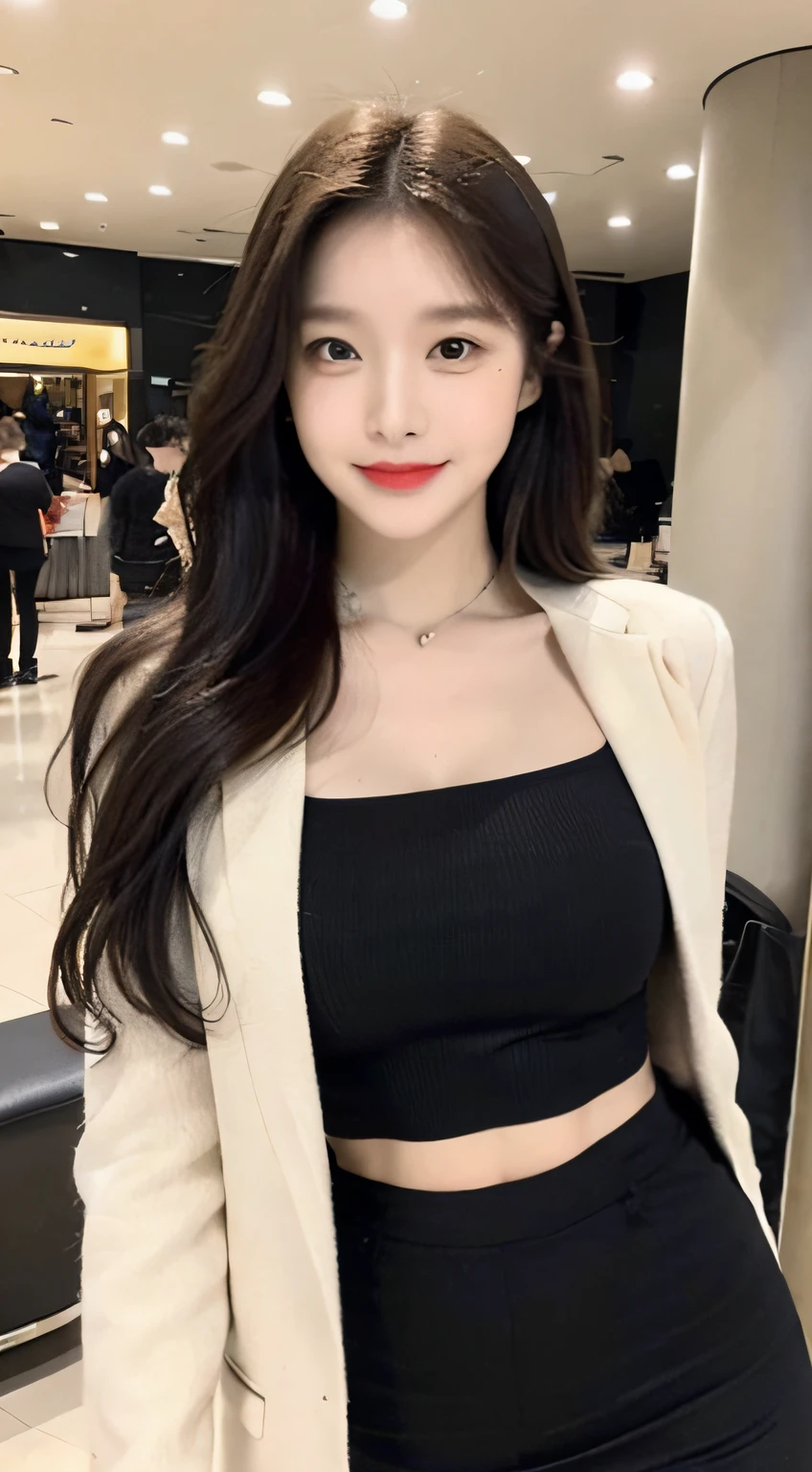 A girl around 30 years old,simplicity,Extremely beautiful and delicate,(light make-up),black color hair,A sweet smile,Delicate and beautiful fair skin,Realistic and realistic,exquisite and complete facial features,Detailed depiction of the face,tall nose bridge,Red lips,Beautiful, gentle and beautiful girl,Smooth hair,Extremely delicate hair,Feminine temperament,Fill your face light,hyper realisitc,photorealestic,8K quality,extremy detailed,Realistic details,Works of masters,Realistic to the extreme,big breasts body,Beautiful,Pure desire,Stunning beauty,Peerless beauty,Highest image quality,8K分辨率,goddes,ssmile,Fine facial features,Hair over the shoulder,A brown-haired,Large long thick legs,(((High-waisted French top))),(((short skirt))),rays of sunshine,facing at camera,The body is well-proportioned and firm,Gentle eyes,exposing thighs,stand posture,Stand inside the mall,Full body photo