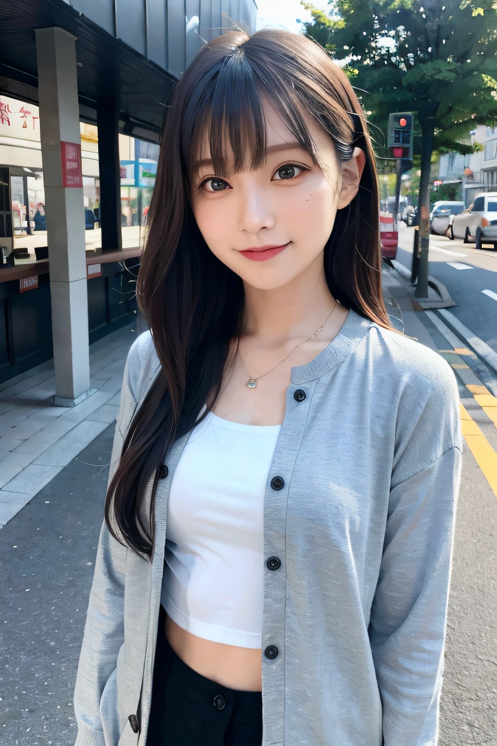 (((Medium Hair))), top-quality, 8K, nffsw, Hi-Res, absurderes:1.2, a picture, (Raw photography:1.2), (Photorealsitic:1.4), (masterpiece:1.3), (intricate detailes:1.2), 1girl in, 独奏, a japanese girl, Delicate and beautiful details, (A detailed eye), (detailed facial features), 小柄, (((tiny chest))), tonned skin, (up looking_で_viewer), from a_front, (skiny), (top-quality:1.4), (超A high resolution:1.2), cinematric light, (Extreme detailed illustration), (lipgloss、top-quality、超A high resolution、depth of fields、Caustics、Broadlighting、Natural Shading、85 mm、F / 1.4、ISO 200、1 / 160 seconds:0.75)、1girl in、独奏、Casual wear、A smile、校服、a necklace、、student clothes、乃木坂アイドル、hposing Gravure Idol、Beautie、In the street、Office Lady、(s Office)、The shirt、lana、office、Work clothes
