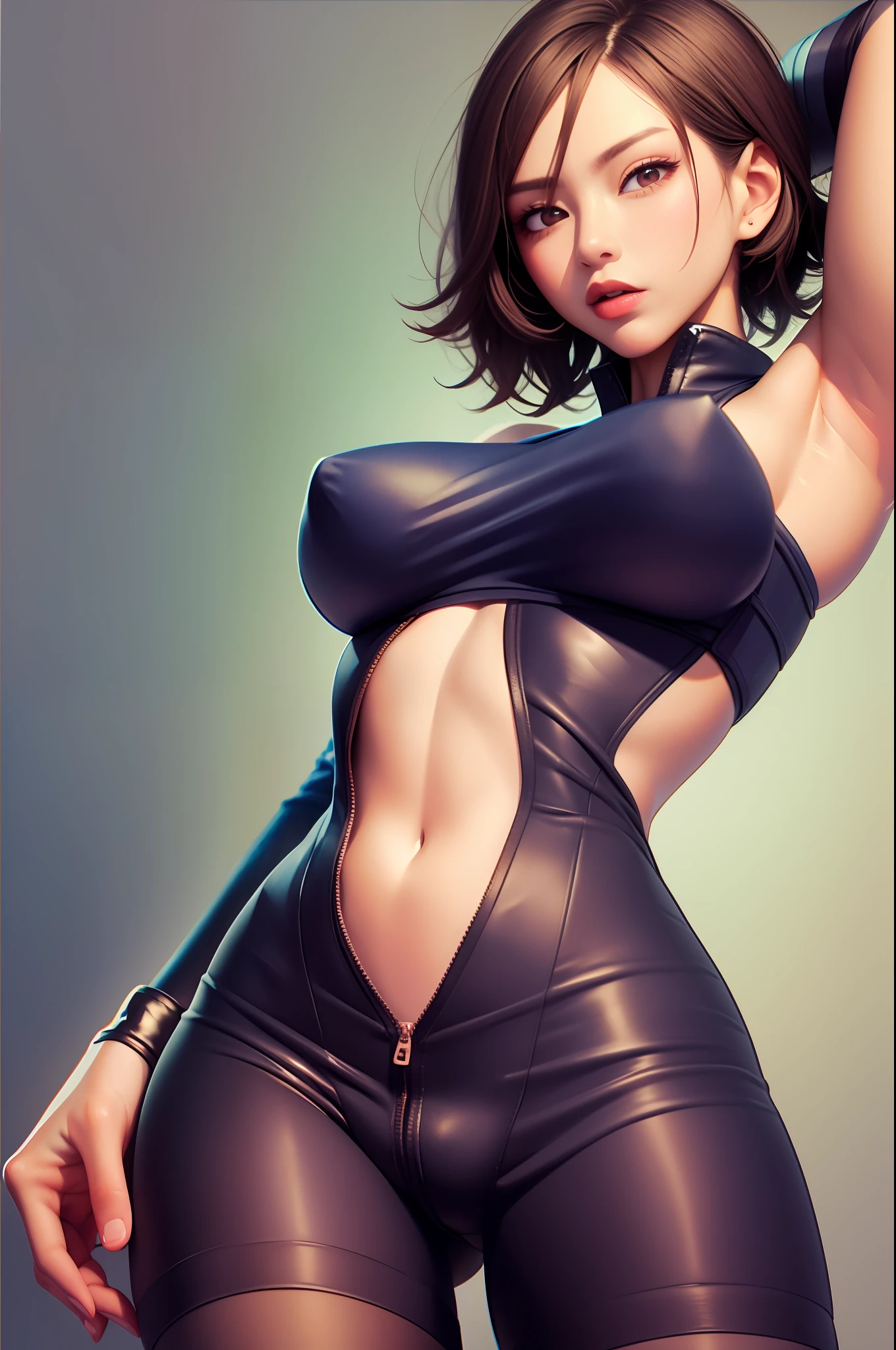 With a huge，seductiv，dewpoint，wearing a tights, Place your hand on your lower abdomen, Flushed face