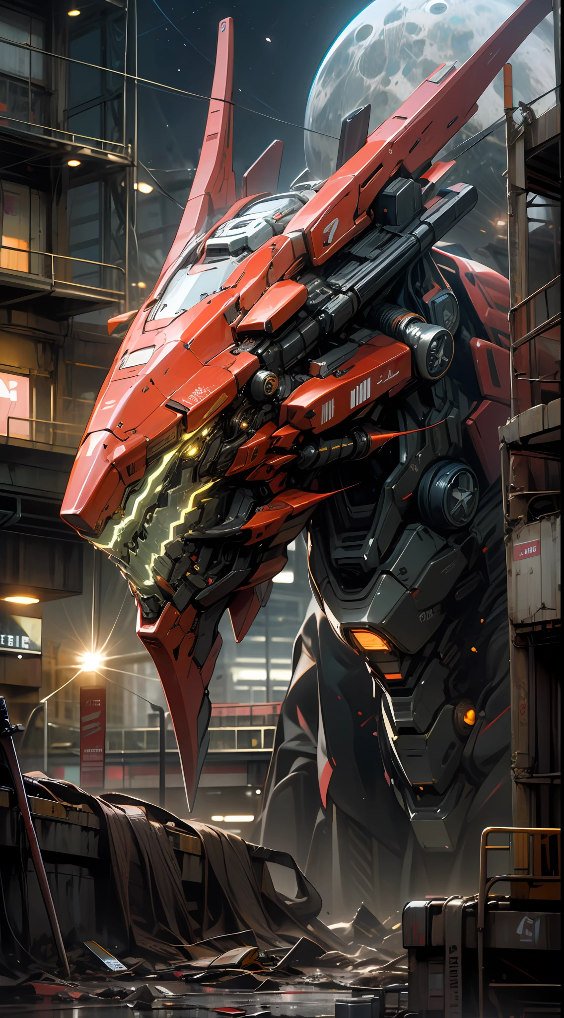 On the moon,barren planets, ruins, holding_weapon, no_humans, glowing, robot, building, glowing_eyes,orange mecha, science_fiction, city, realistic,mecha,Milky Way Galaxy background,neon,cyberpunk,